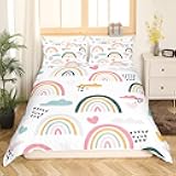 Erosebridal Rainbow Duvet Cover Twin Cartoon Rainbow Bedding Set for Kids Girls Boys Nursery Hand Drawn Iridescent Print Comforter Cover Colorful Clouds Love Heart Decor Quilt Cover 1 Pillow Case
