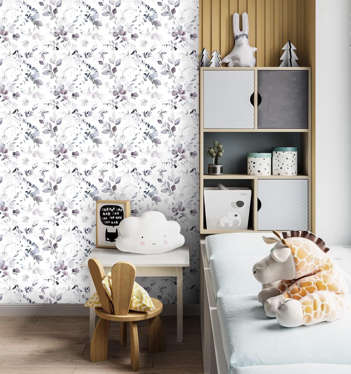 B0021 Peel and Stick Floral Wallpaper with Purple Eucalyptus Leaves, Vinyl Self-Adhesive Wallpaper for Bedroom, Living Room, Kids Room Decorative 17.3" X 118"