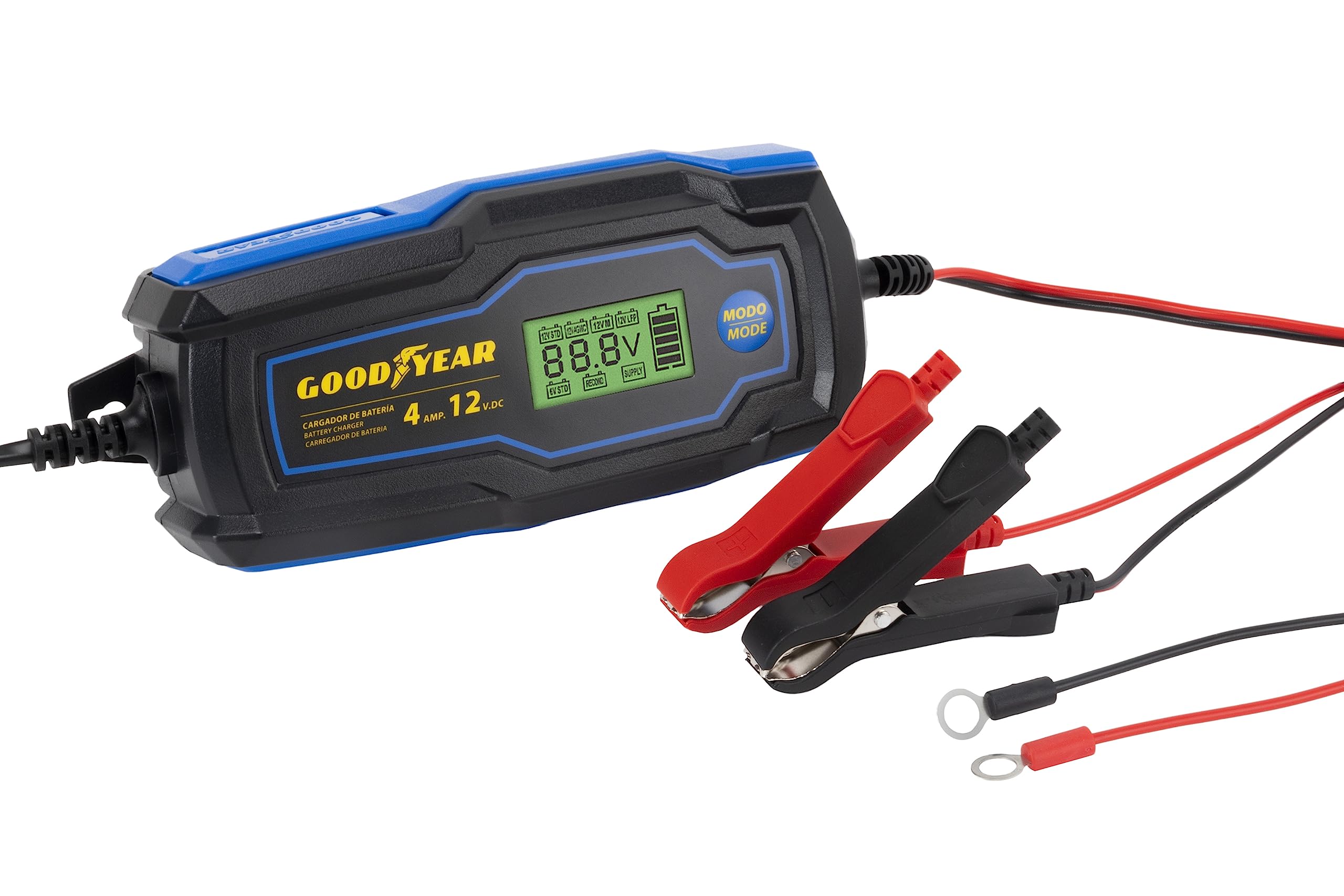 Goodyear Evo Chargeur de Batterie Intelligent 4.0 Amp avec Joint Torique 6-12V pour Les Batteries STD, AGM, Gel et LiFePO4. Capacité de 4-120Ah.
