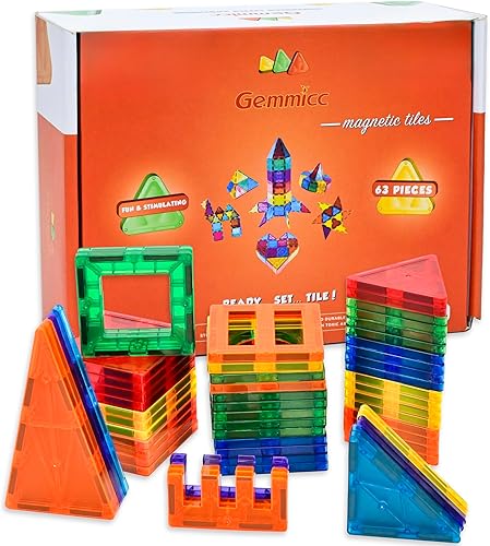 Miniatura 10 de Gemmicc 100 piezas de baldosas magnéticas con 2 autos, bloques magnéticos apilables aprobados por STEM, juguetes educativos de construcción