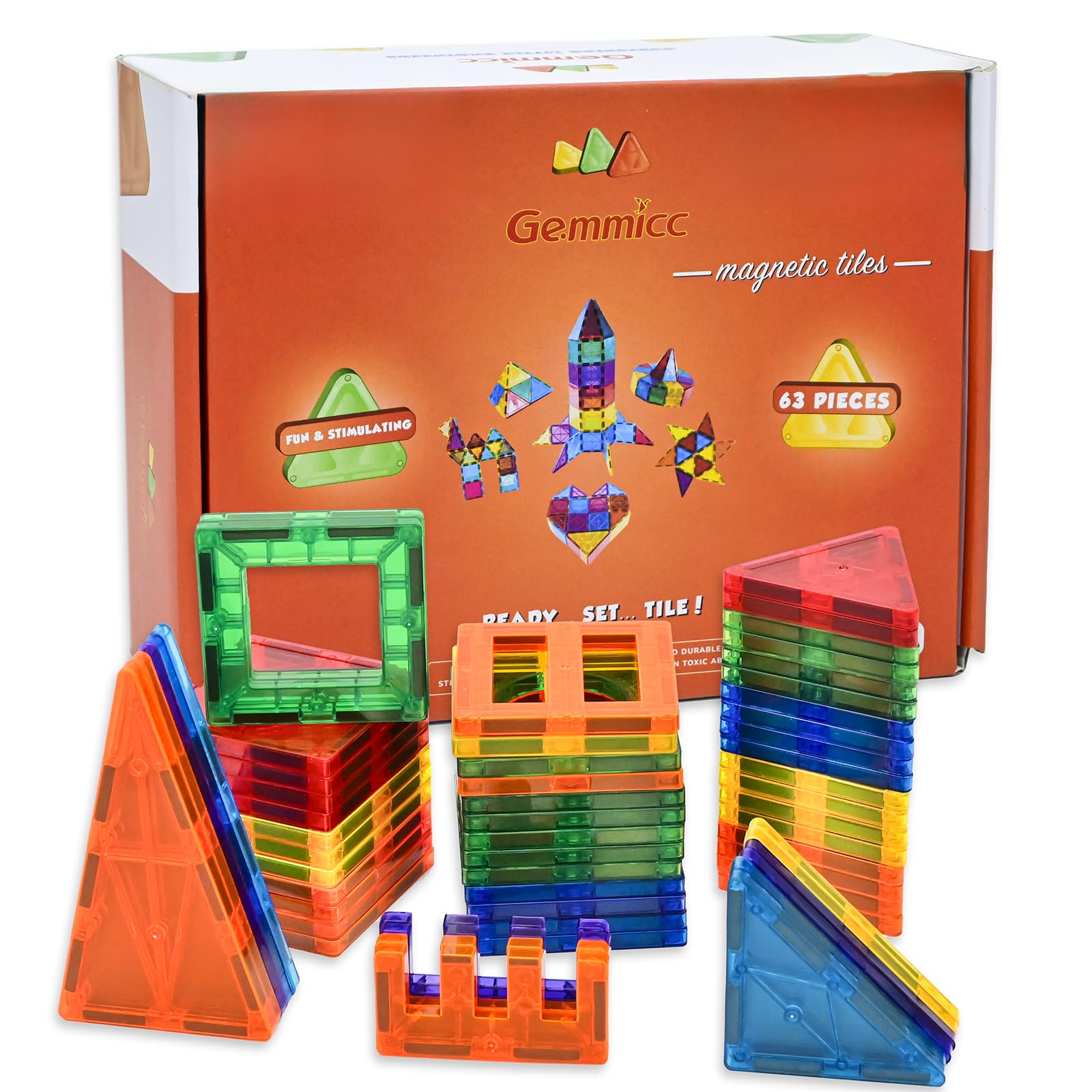 Gemmicc Magnetic Tiles Building Blocks, Magnet Toys for Kids, STEM Approved Educational Toys,3D Magnet Puzzles Stacking Blocks for Boys Girls,63 PCS Classic Set