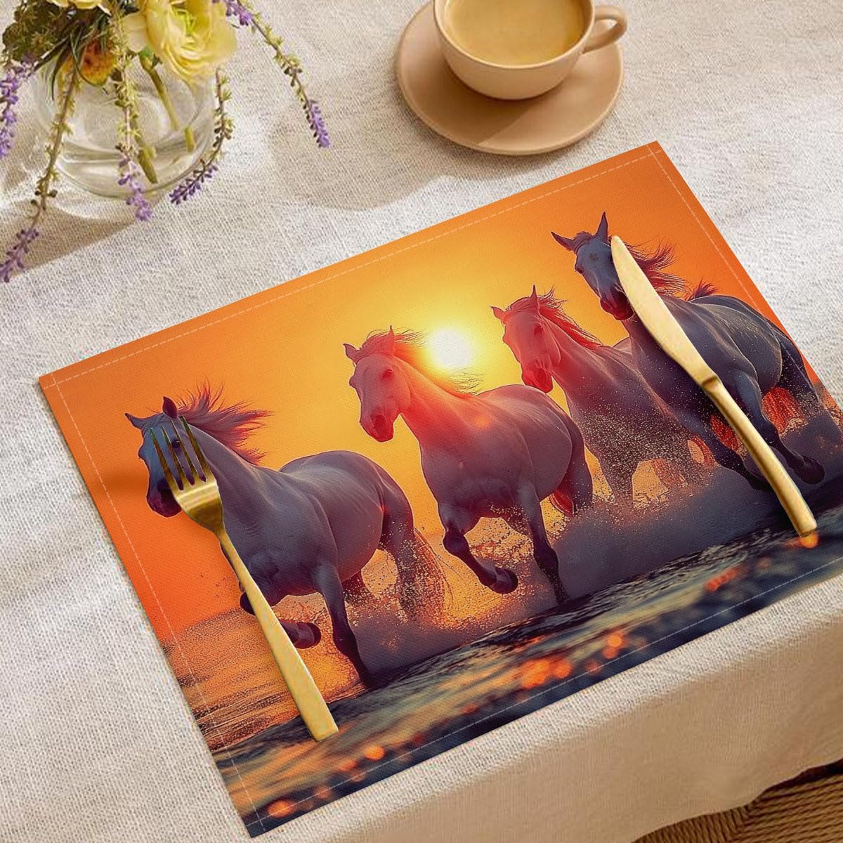 Set di 8 Colazione Stoffa 30x45cm, Tramonto Spiaggia Cotone e lino Tovagliette Americane Lavabili, Tovagliette Cavallo per Primavera Vacanze Cucina Feste, Pasqua
