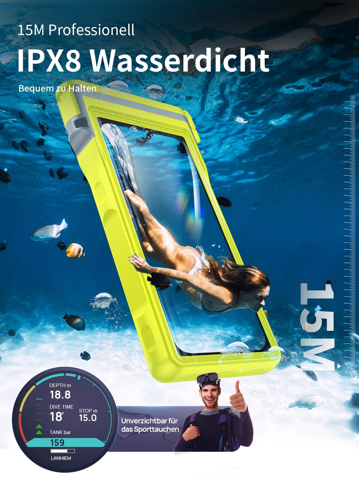 Lanhiem wasserdichte Handyhülle Universelle, Professionelle IPX8 Wasserfeste 15M Tauchen Handytasche [Unterwasser Touchscreen] Case für iPhone Samsung Google Xiaomi und 4.7-6.9'' Handy, Gelb
