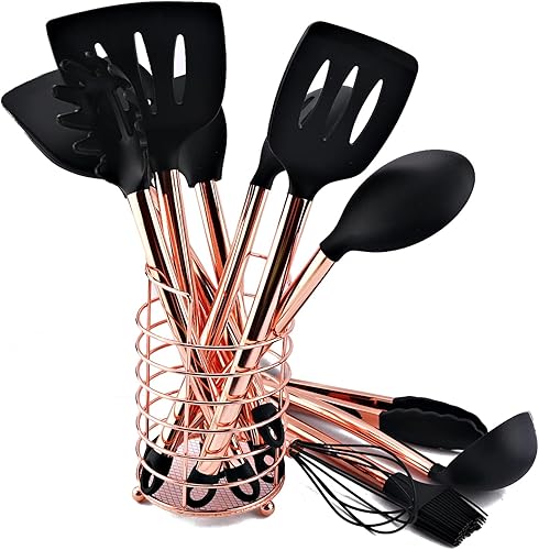 Miniatura 1 de BRIIEC Juego de 12 utensilios de cocina de cobre y negro con soporte, juego de espátulas de silicona con mango de acero inoxidable de oro rosa,