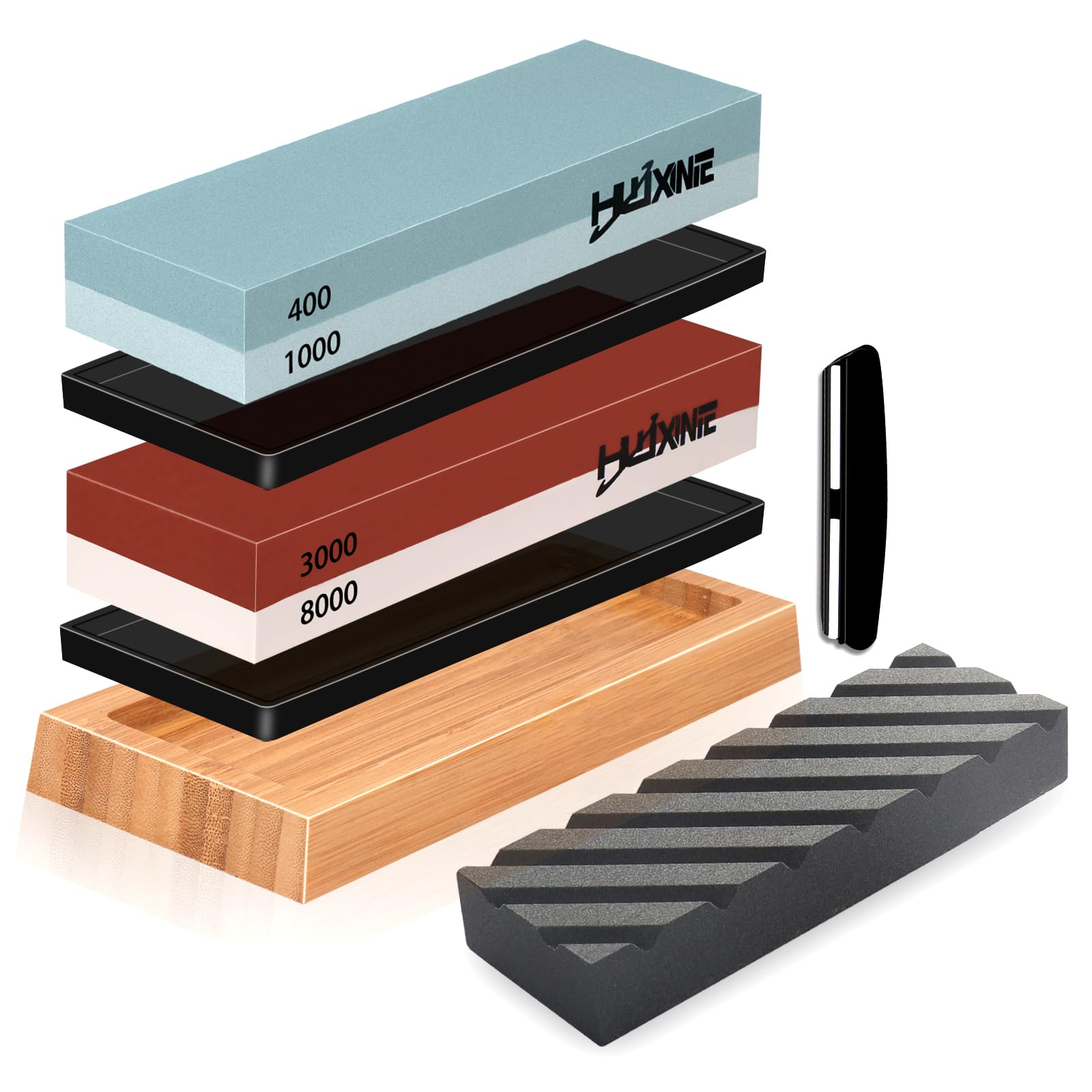 HWXINIE Whetstone Set, Knife Sharpening Stone, 1000/6000 3000/8000 Household Rough Sharpening Stone, Finishing Stone, Knives, Kitchens, Gardening Scissors, Ideal for Camping [Bamboo Anti-Slip Stand