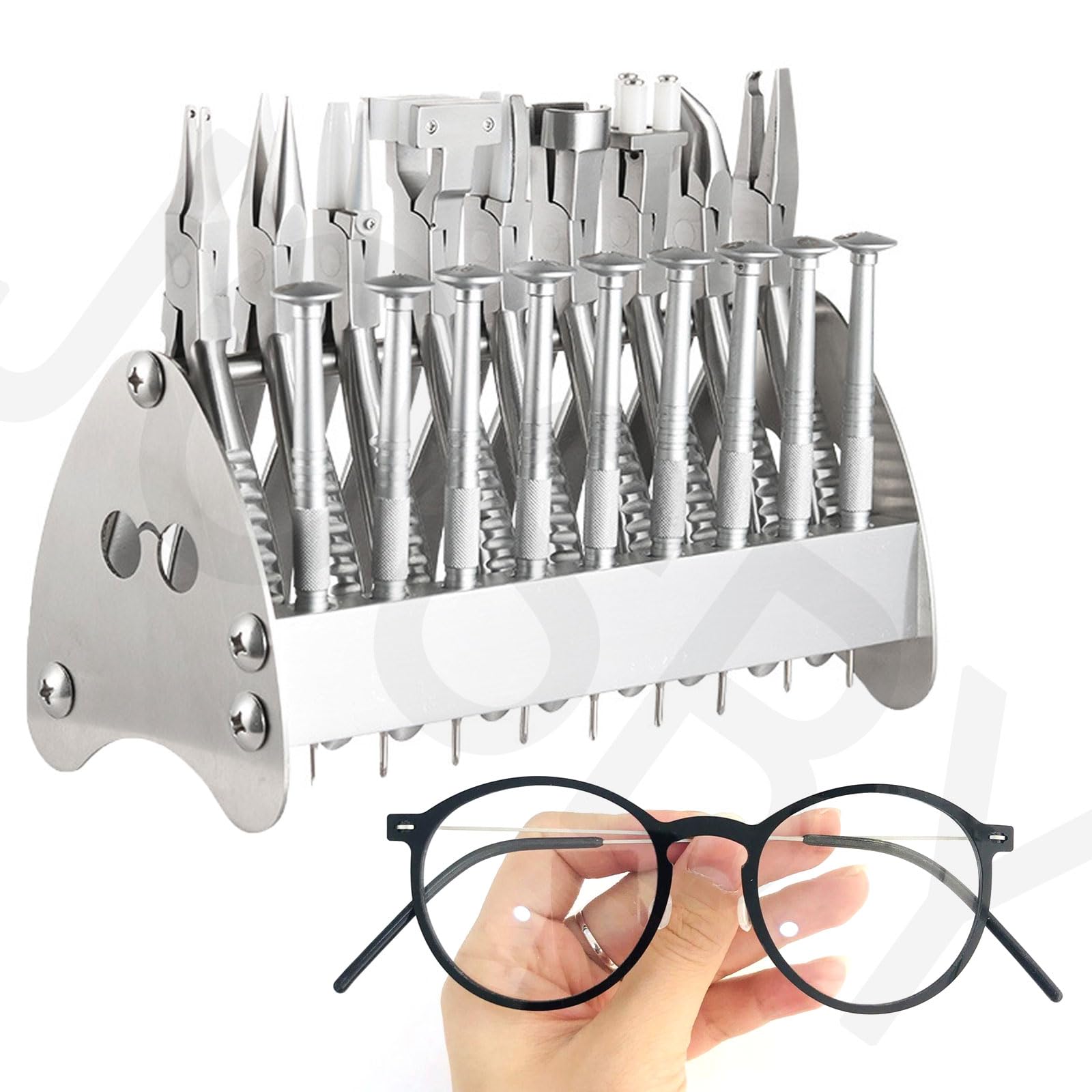 JOSBY Juego de reparación de Gafas ópticas de 18 Piezas, con 9 alicates y 9 Destornilladores, Agarre Antideslizante, Herramienta de desmontaje de Gafas, alicates y Herramienta de reparación