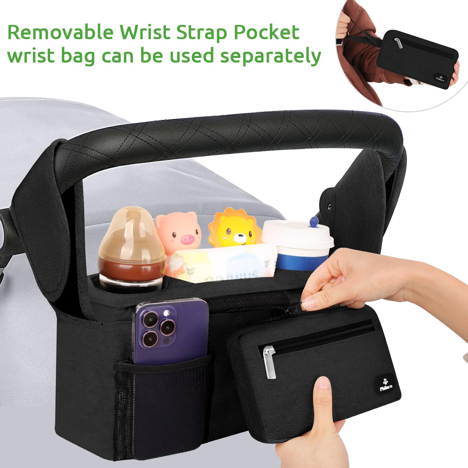 Philorn Baby Pram Bag with Insulated Cup Holder, Buggy Organiser for Baby Essentials Fits Universal Strollers Like Joie - Image 4