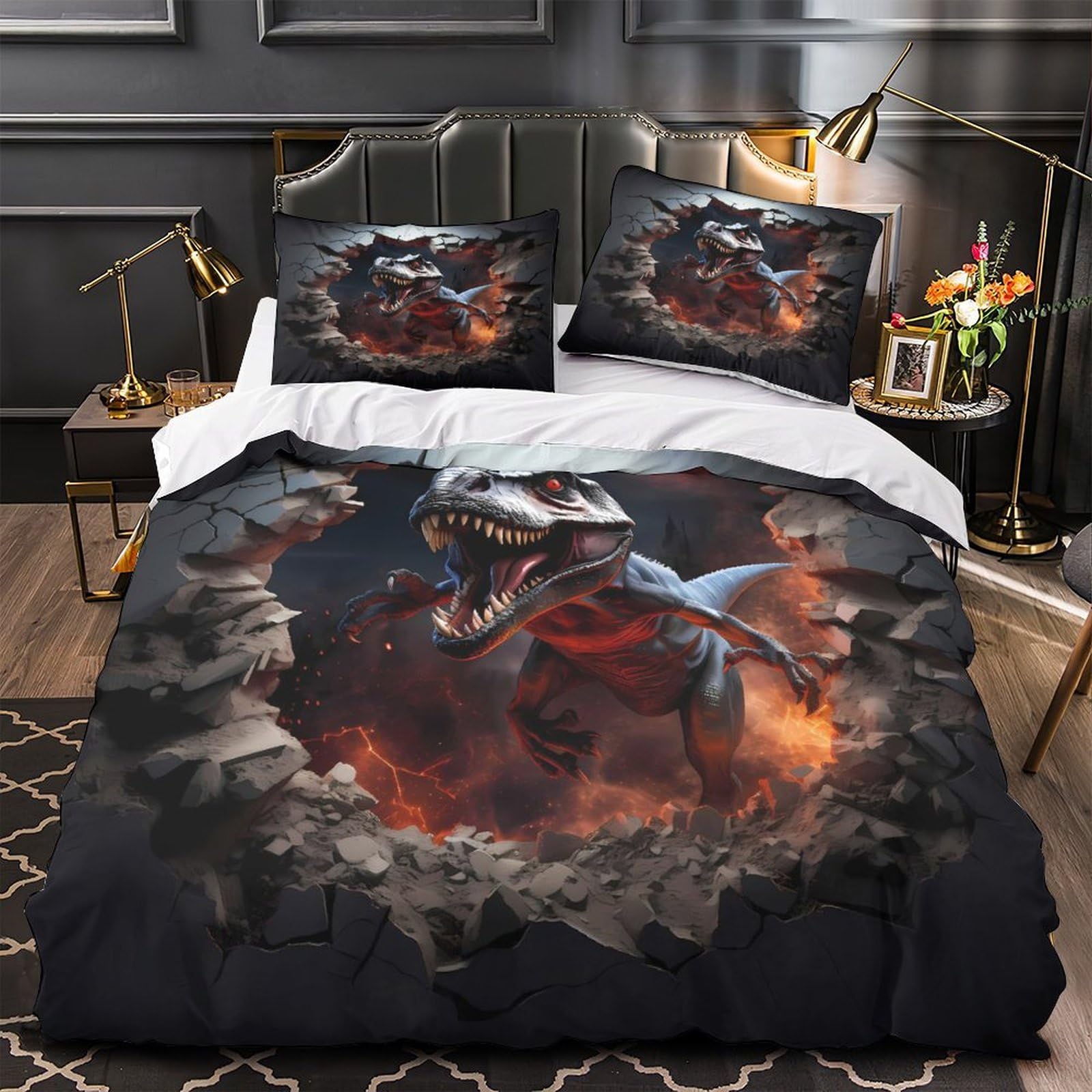 Dinosaur Roaring Quilt Cover 3D Print Easy Care 3 Pieces Bed Set Hidden Zipper Fantasy Creature Comforter Cover Extra Soft Hypoallergenic for Adults Kids Teens Women Youth Super king（260x220cm）