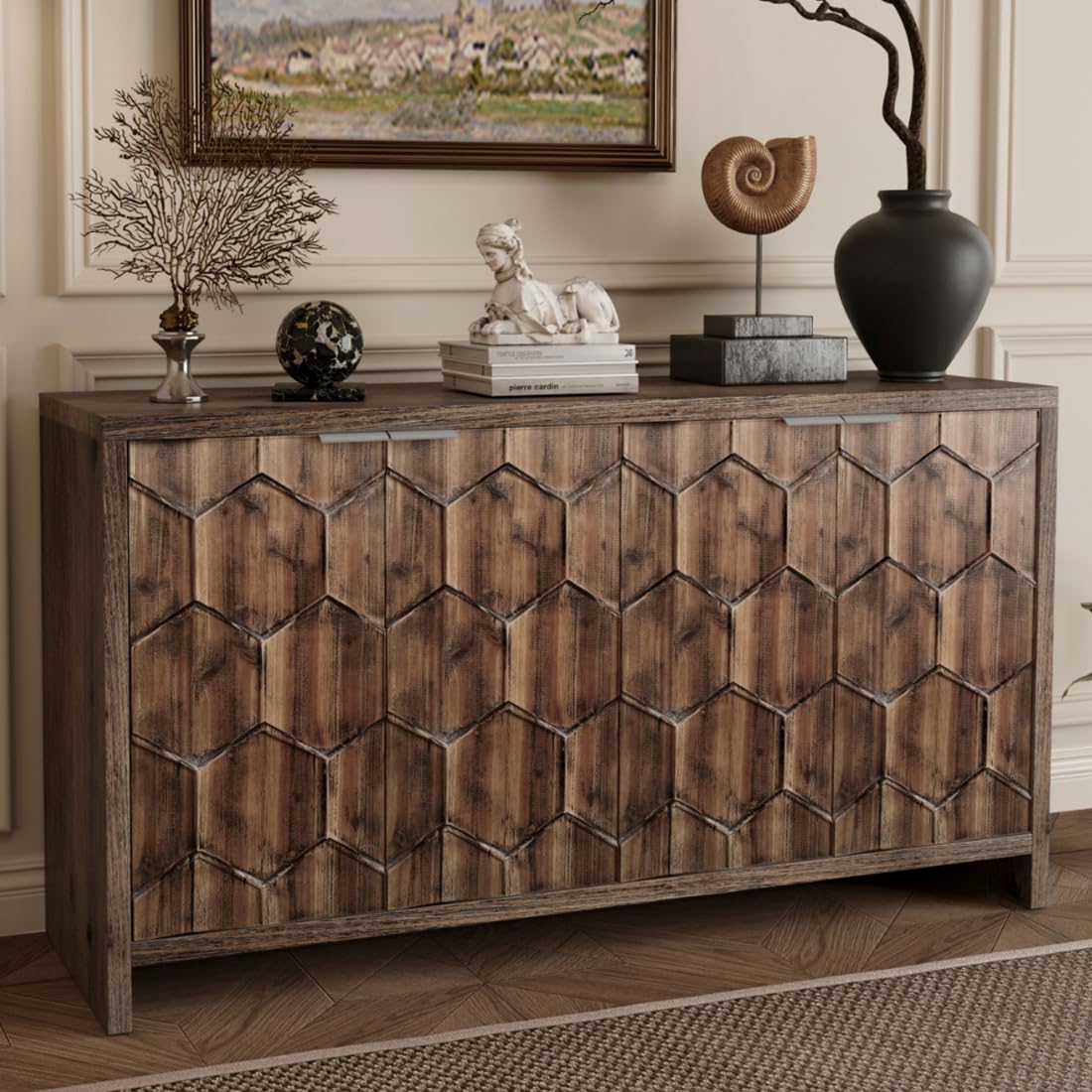 Zjjseloru Sideboard, Storage Cabinet, Farmhouse Style Four-Door Wooden Cabinet Sideboard, Long Coffee Table Console, Buffet for Kitchen, Dining Room,