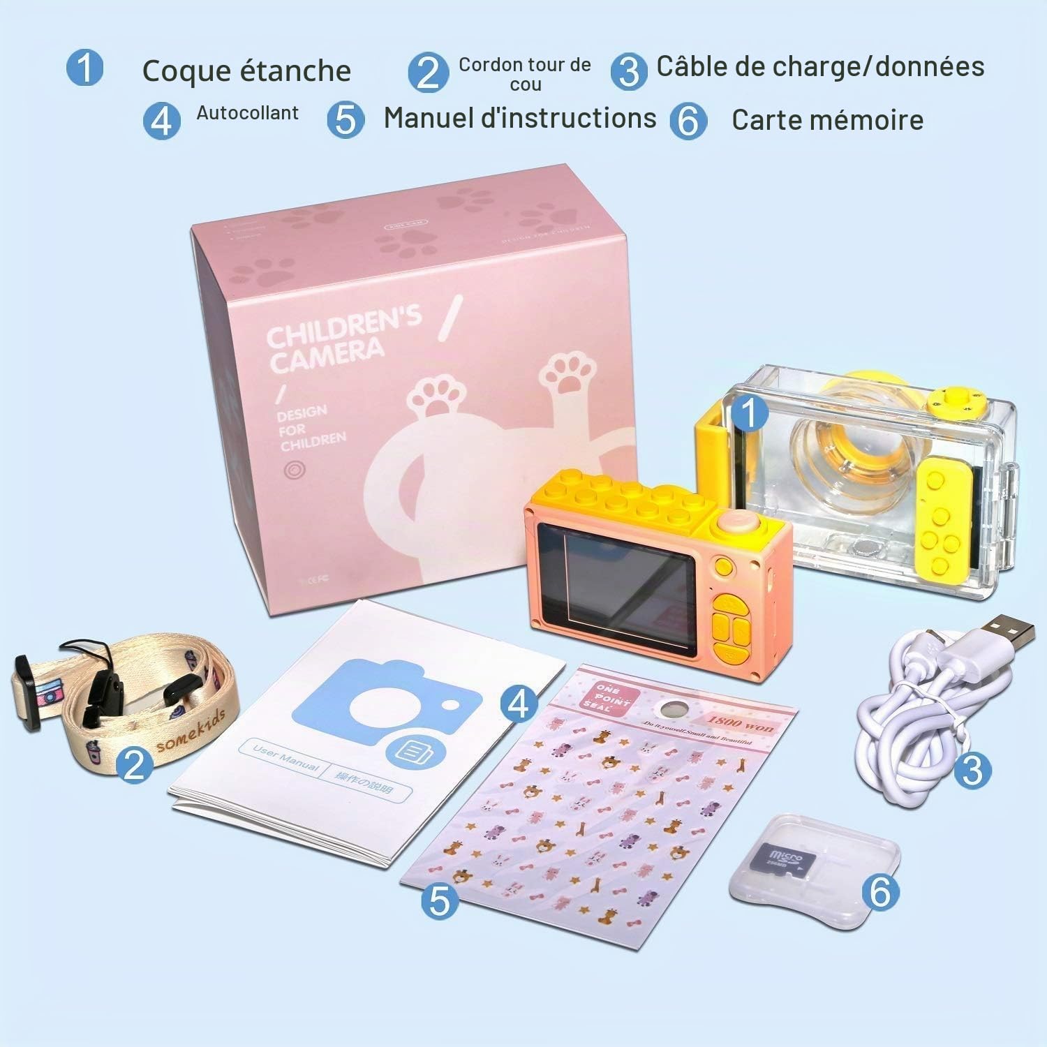 ShinePick Appareil Photo Enfant avec Carte TF 32GB/Zoom Numérique 4X/8MP | Etanche Caméra Enfant Écran LCD TFT de 2 Pouce Appareil Photo Numérique Cadeau Jouet pour Enfant Garçons Filles de 3-14 Ans