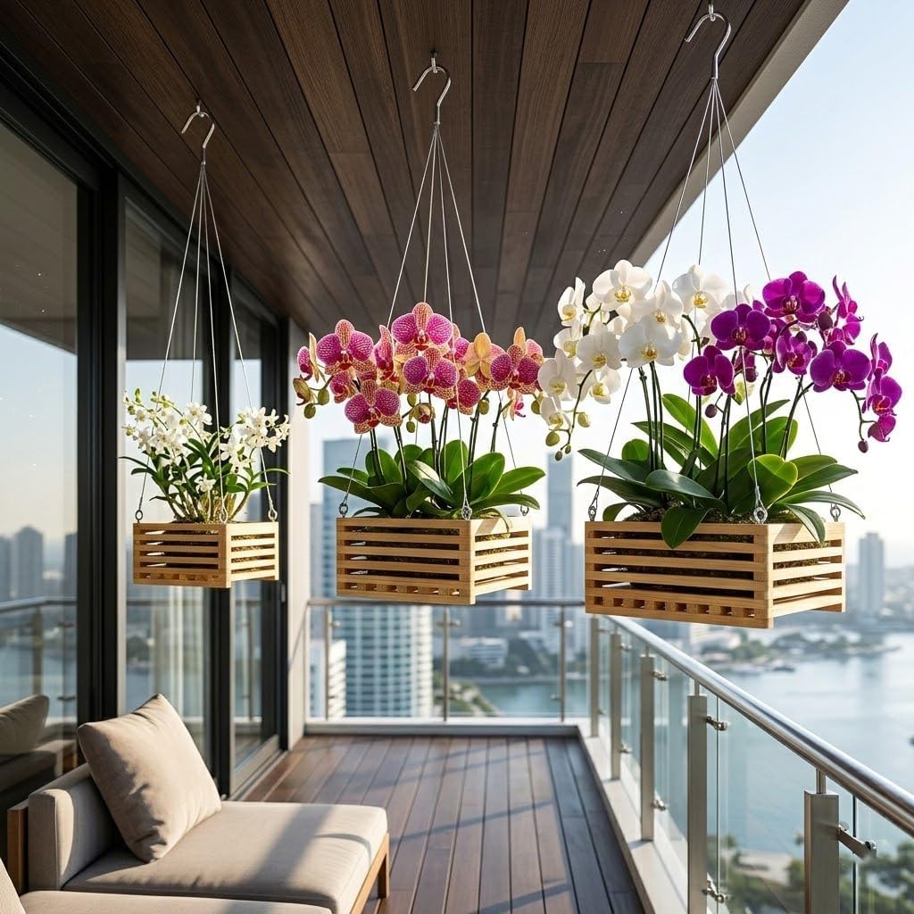 Wooden Orchid Baskets with Hangers for Ferns & Vandas, 6", 8" & 10" Square Wood Hanging Planter Set for Patio, Balcony Decor, Garden Flower Pots for Indoor Outdoor Plants, 3 Pack