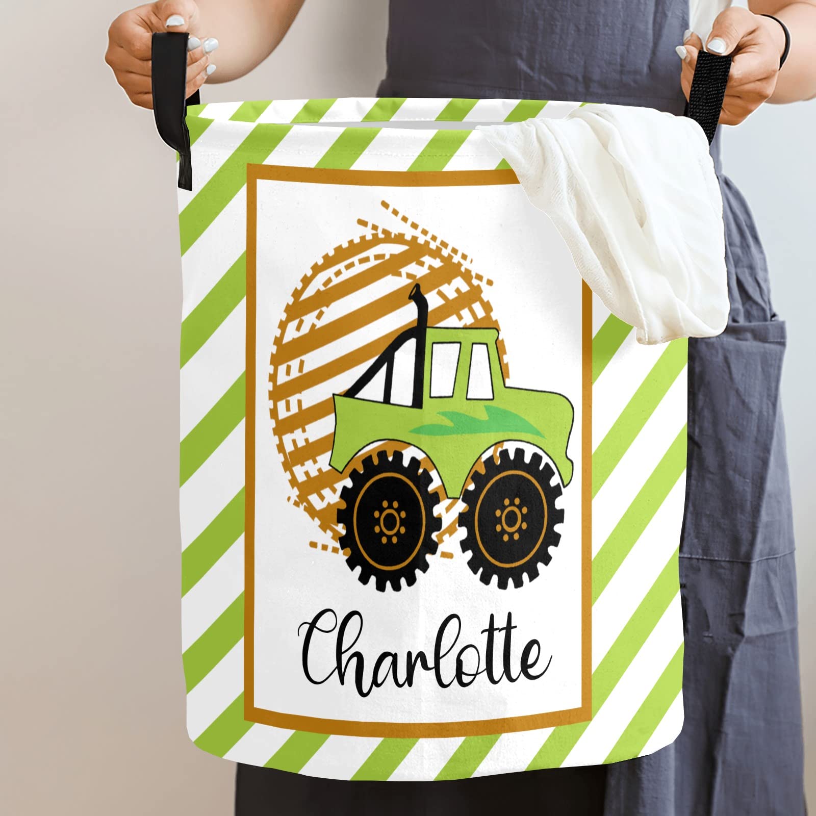 Personalized Truck and Stripes Laundry Hamper Custom ized Laundry Basket with Name Storage Basket with Handle for Bathroom Living Room Bedroom