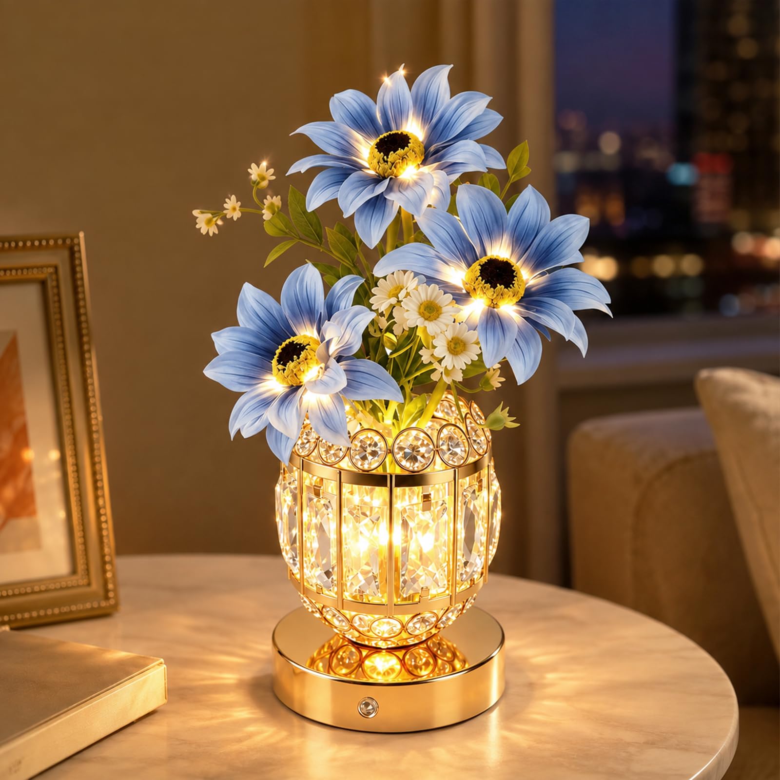 Lily Flower Lamps, Rechargeable Cordless Small Desk Lamp, 3 Colors Dimmable Artificial Flowers Night Light, Fake Bouquet with Crystal Vase for Home Date Party Decoration (Blue - Sunflower 3)