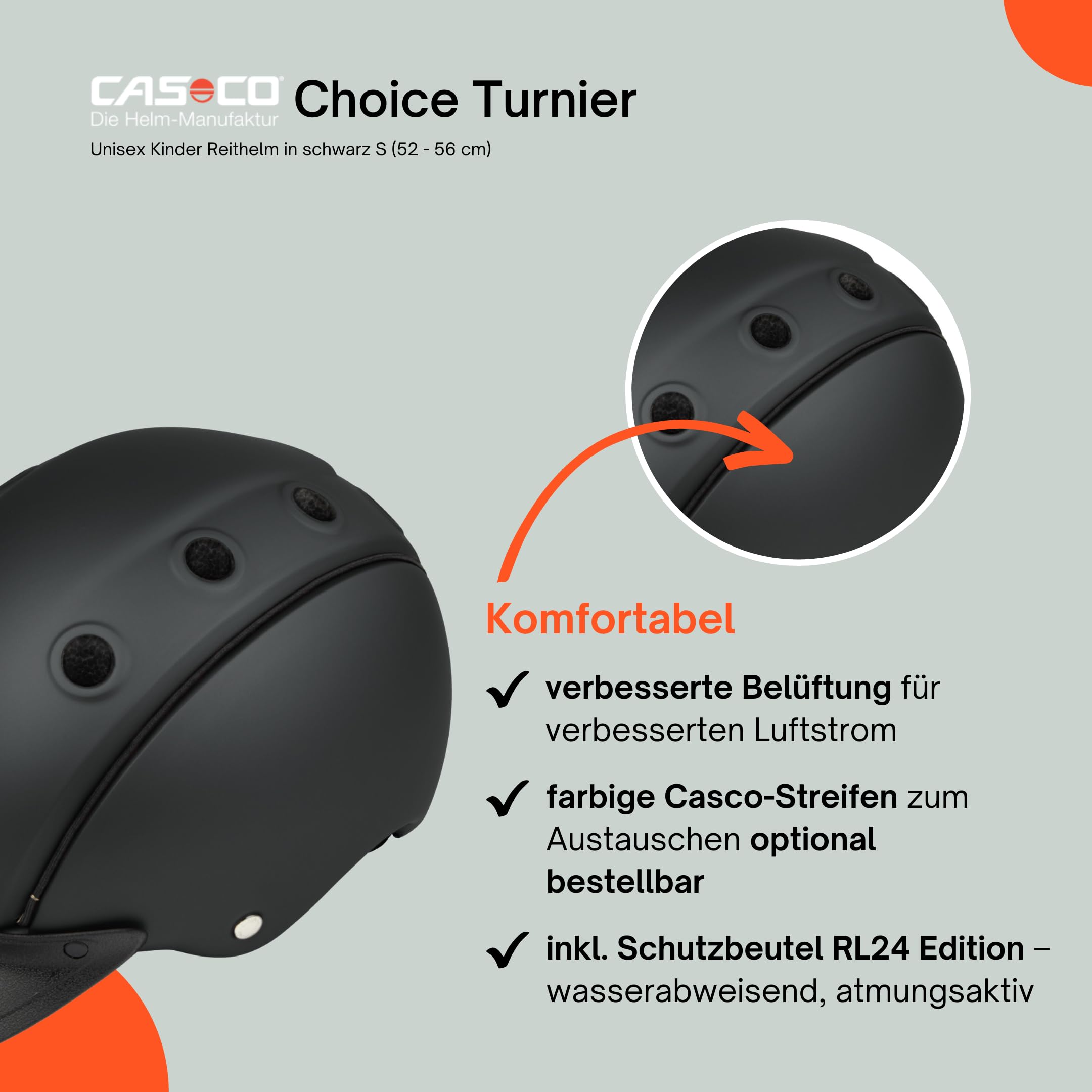 Casco - Kinder Reithelm Choice Turnier inkl. Schutzbeutel RL24 Edition – Reitkappe Mädchen & Jungen – ergonomischer Helm zum Reiten, Fahrrad- & Skifahren – Schwarz – S (52-56cm)