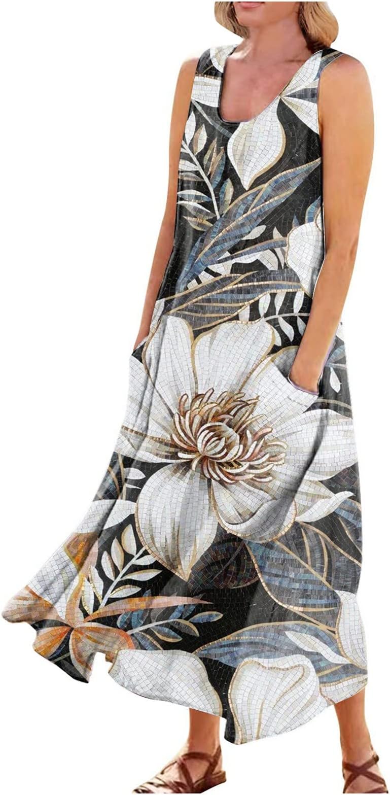 Dresses for Teens,Summer Dress for Women Casual Printed Comfortable Sleeveless Cotton Dress with Pocket Beach Dress