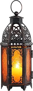 NEEDOMO 11'' Amber Moroccan Lantern - Vintage Metal Candle Holder for Indoor Outdoor Decor, Christmas Halloween Patio Table Shelf