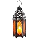 Moroccan Lanterns Decorative Indoor & Outdoor, 11’’ Medium Size Vintage Metal Hanging&Tabletop Candle Holder Decor, Halloween Christmas Ramadan Decorations for Home Porch Patio (Amber)