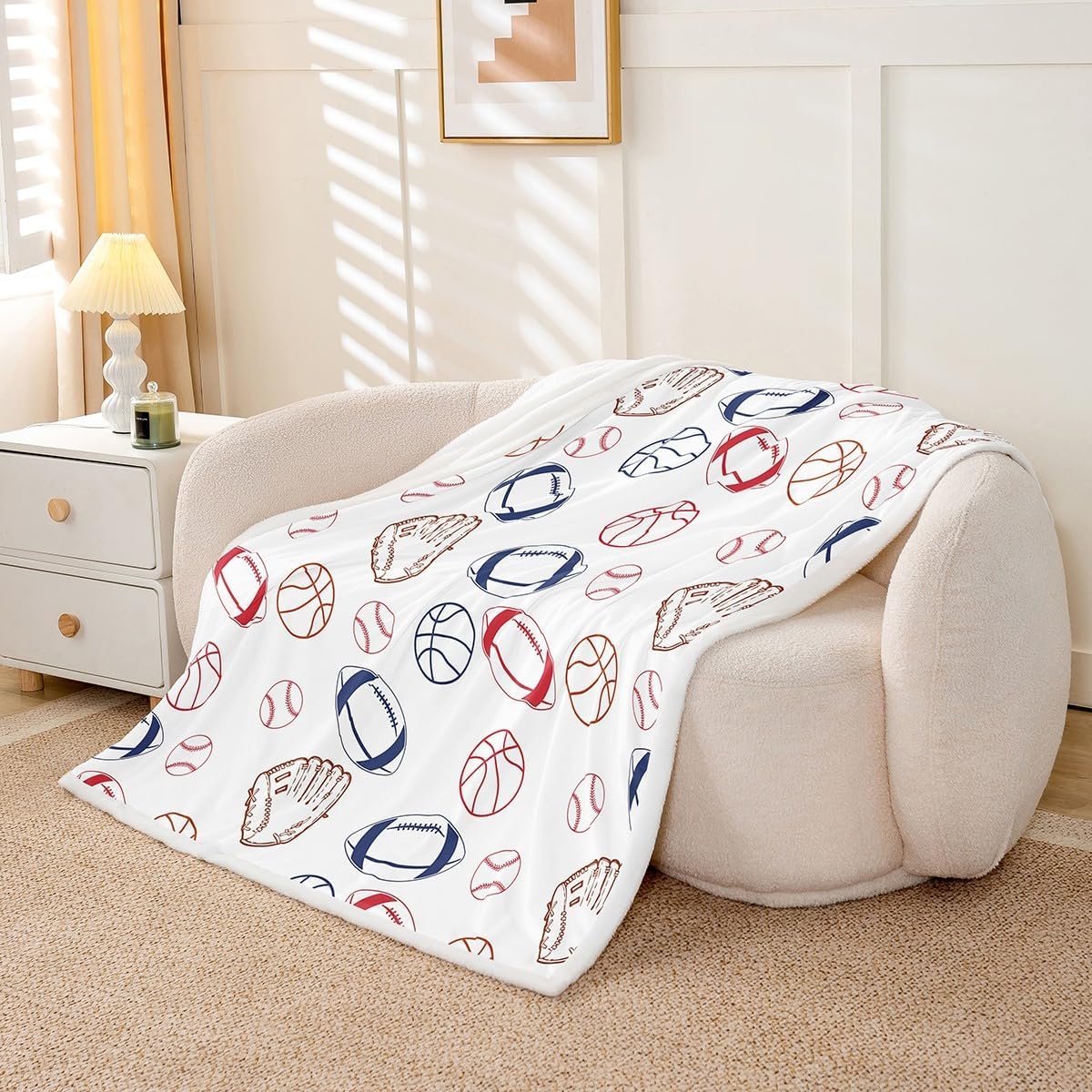 Feelyou Sports Print Throw Blanket Basketball Rugby Print Soft Fleece Sherpa Cozy Fuzzy Plush Warm Baseball Fuzzy Plush Throw Game Throw 50"x60" for Bed Couch Living Room