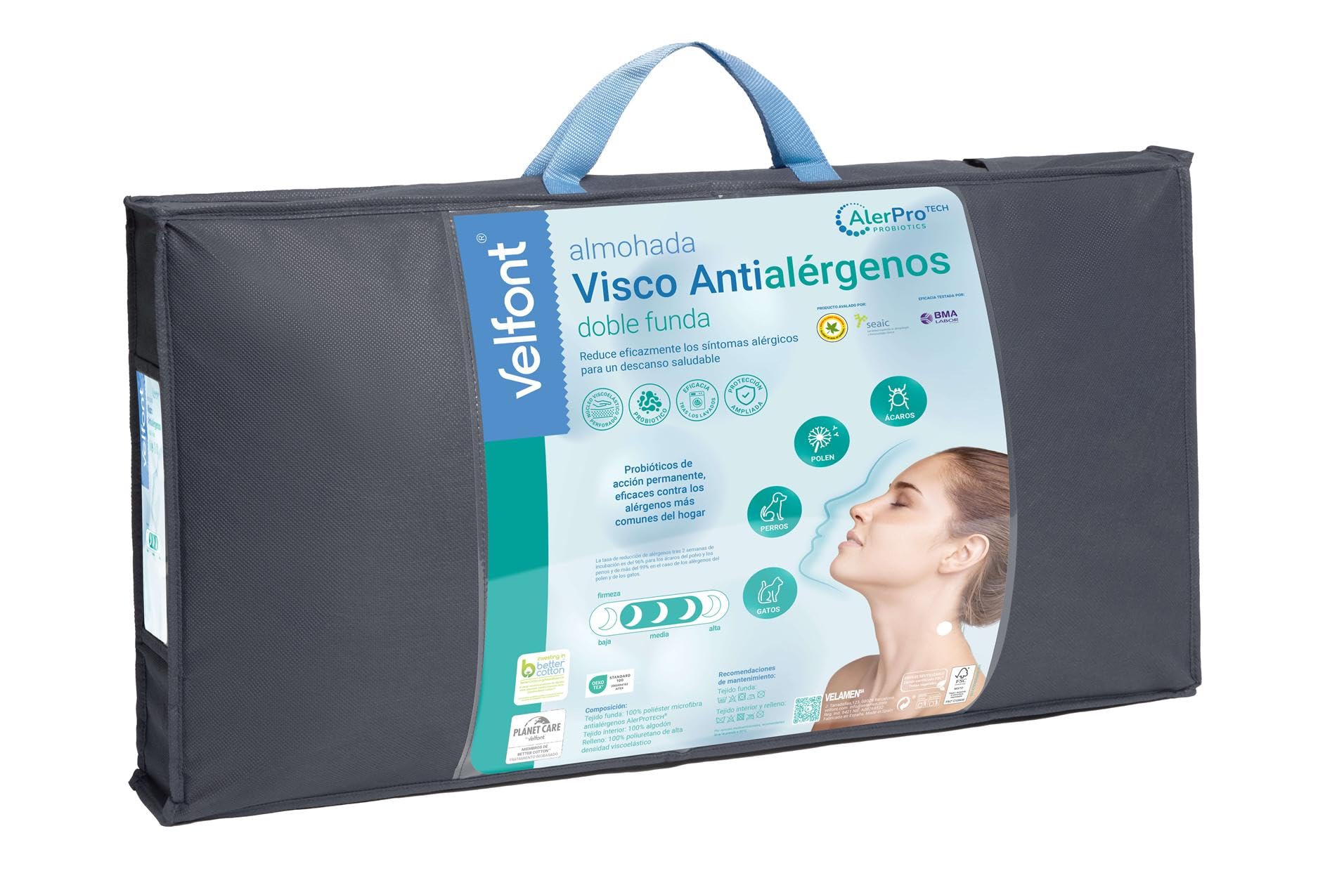 Velfont Almohada Ergonómica Viscoelástica Antialérgenos con Tecnología AlerProTECH, Doble Funda 100% Algodón y Microfibra, Alta Densidad, Firmeza Media (90 cm)