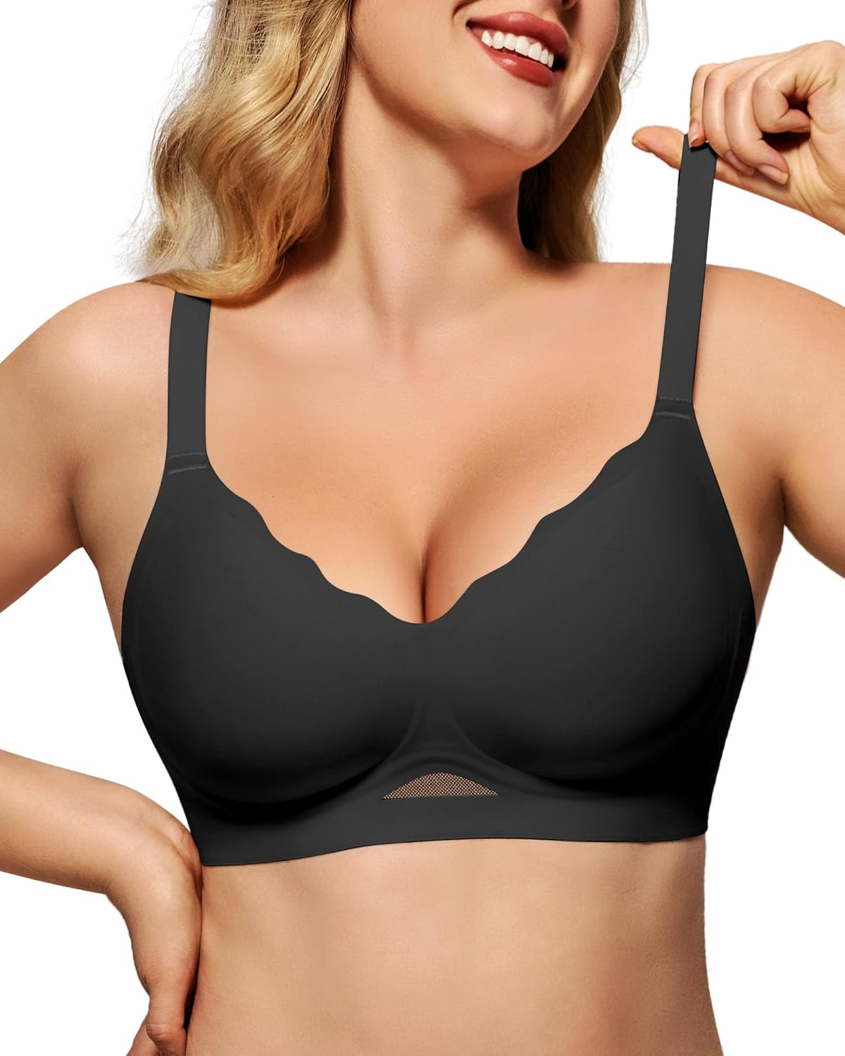 HORISUN Women's Wireless Push Up Bralette - No Underwire Scalloped V-Neck Full Coverage Soft Support Bra