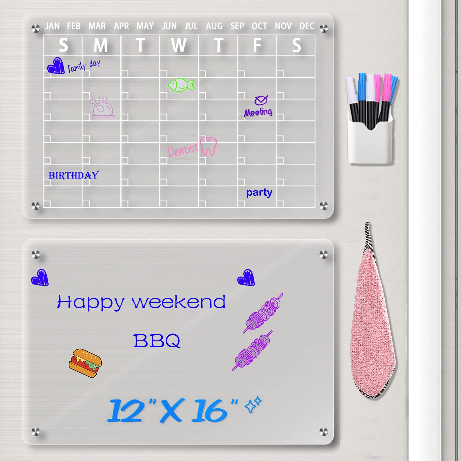 Photo 1 of Eggsoro Acrylic Magnetic Dry Erase Board,2 Set Clear Calendar Planner Board for Refrigerator,Reusable Monthly and Weekly Calendar Whiteboard and Memo Include 6 Markers (16"x12")