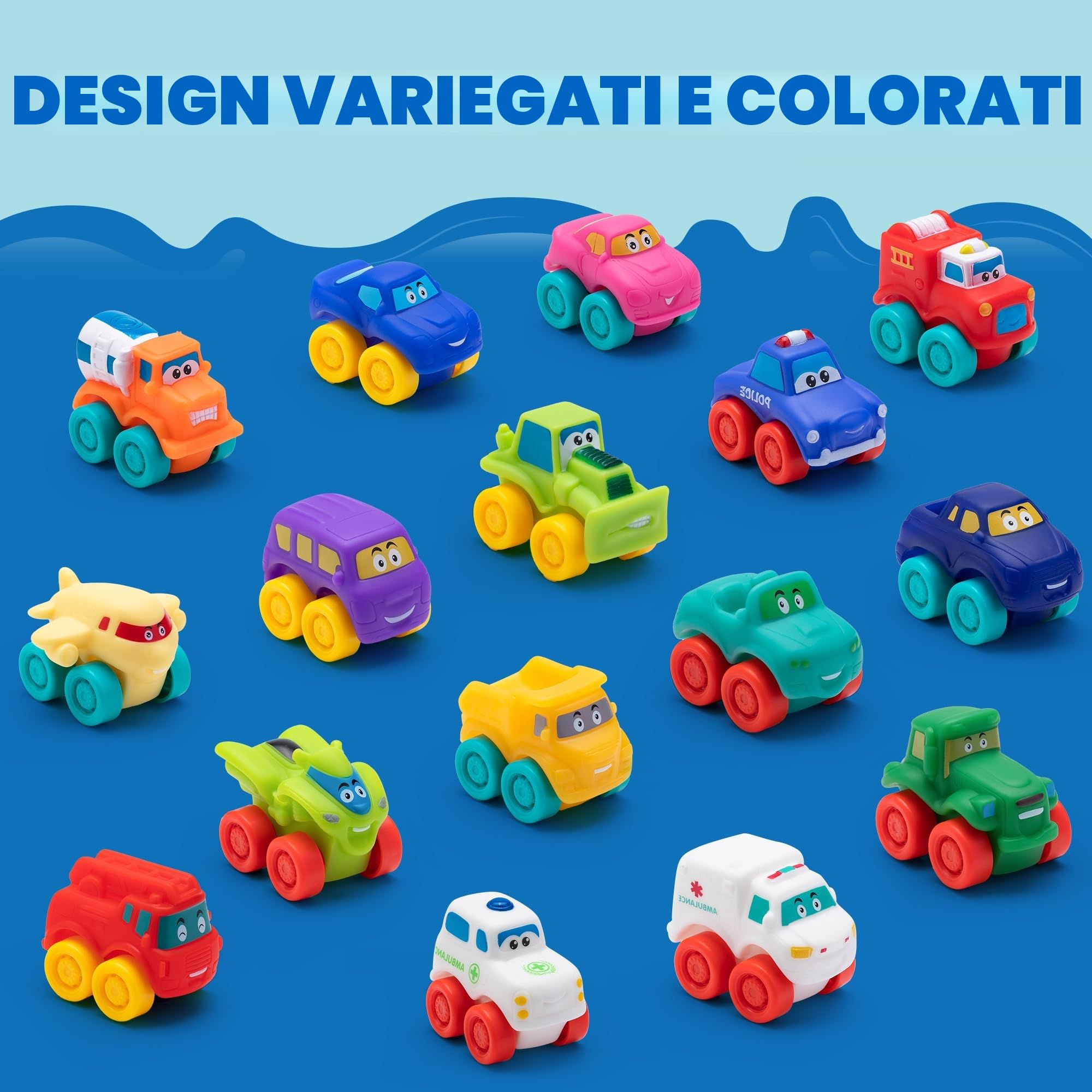 JOYIN 16 Pezzi Macchinine dei Cartoni Animati, Set di Macchinine in Gomma Morbida, Mini Veicoli Giocattolo, Macchinina da Bagno per Bambini Piccoli, Regalo per Compleanno di Ragazzi e Ragazze