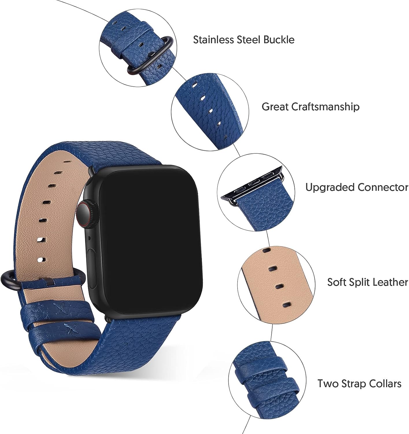 Fullmosa Leather Strap Compatible with Apple Watch Strap 44mm 45mm 46mm 49mm,Leather Strap Compatible with iWatch Ultra 3/2/1 Series 11 10 9 8 7 SE3 SE2 SE 6 5 4,Dark blue+Smoky grey hardware - Image 3