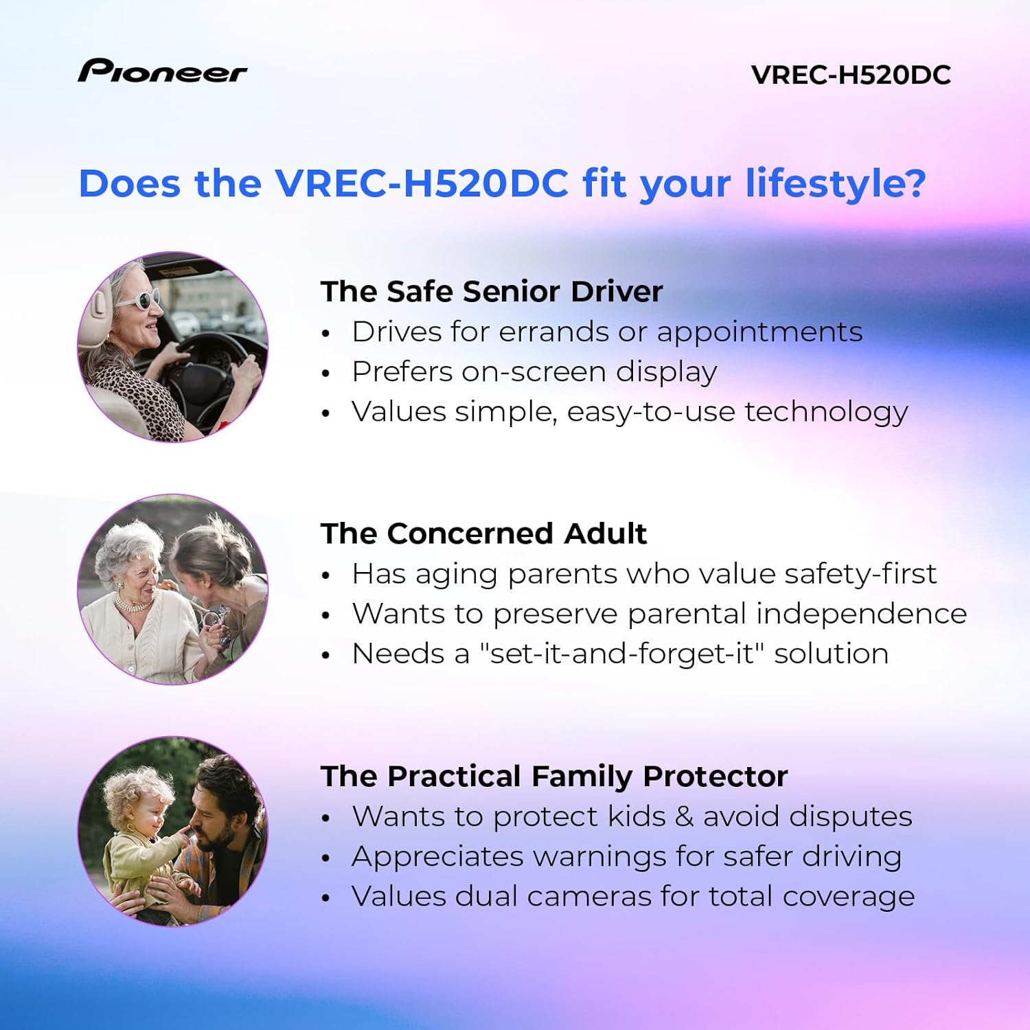 Pioneer VREC-H520DC Dual Dash Cam Front and Rear Car Camera - Large Screen, 2K Resolution, Starvis Night Vision, 140 Degree Wide Lens, ADAS Safety Alerts, Built In GPS, Impact Detection, 24/7 Coverage