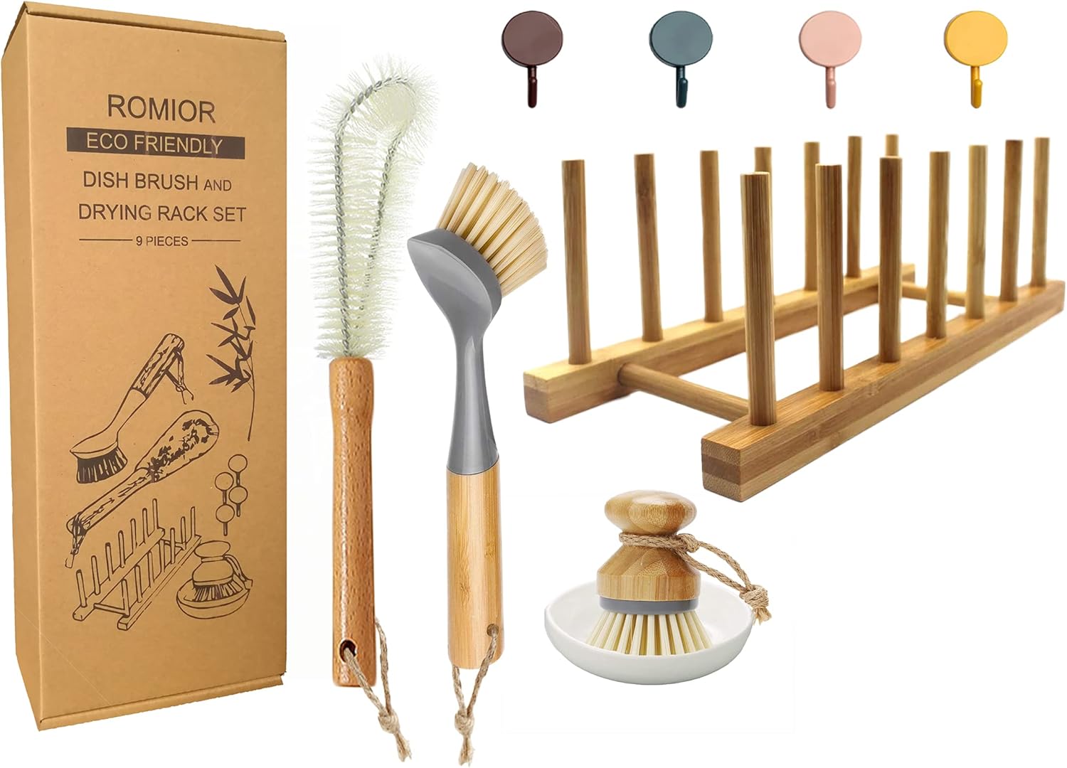 Bamboo Dish Brush&Water Bottle Drying Rack, 9in1 Kitchen