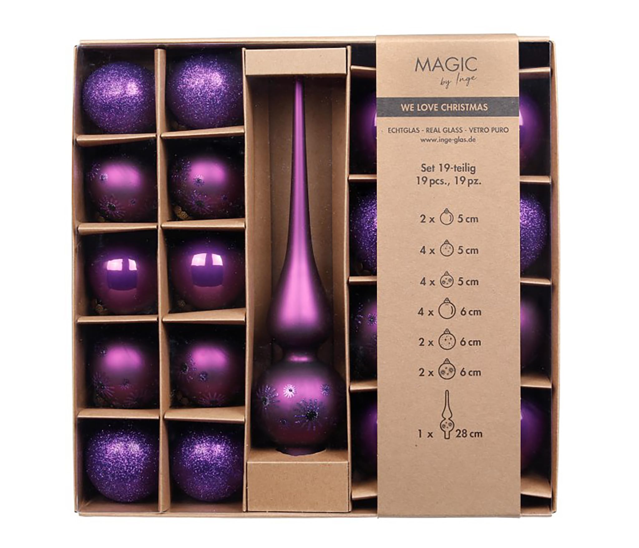 Lot de 19 boules de Noël en verre de 5 à 6 cm avec dentelle - Motif paillettes - Boules de Noël et pointe de sapin de Noël - Décoration de Noël et décoration de sapin de Noël - Violet Symphony