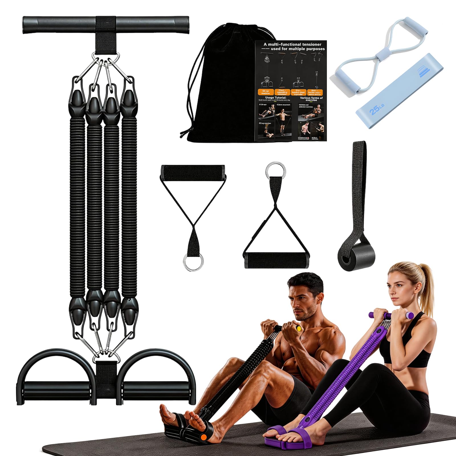 Multifunction Foot Pedal Resistance Band, Upgrade Pedal Resistance Bands with Handle, 4-Tube Exercise Equipment for Home Use, Abdominal Trainer with Resistance Band Women Men, for Full Body Training