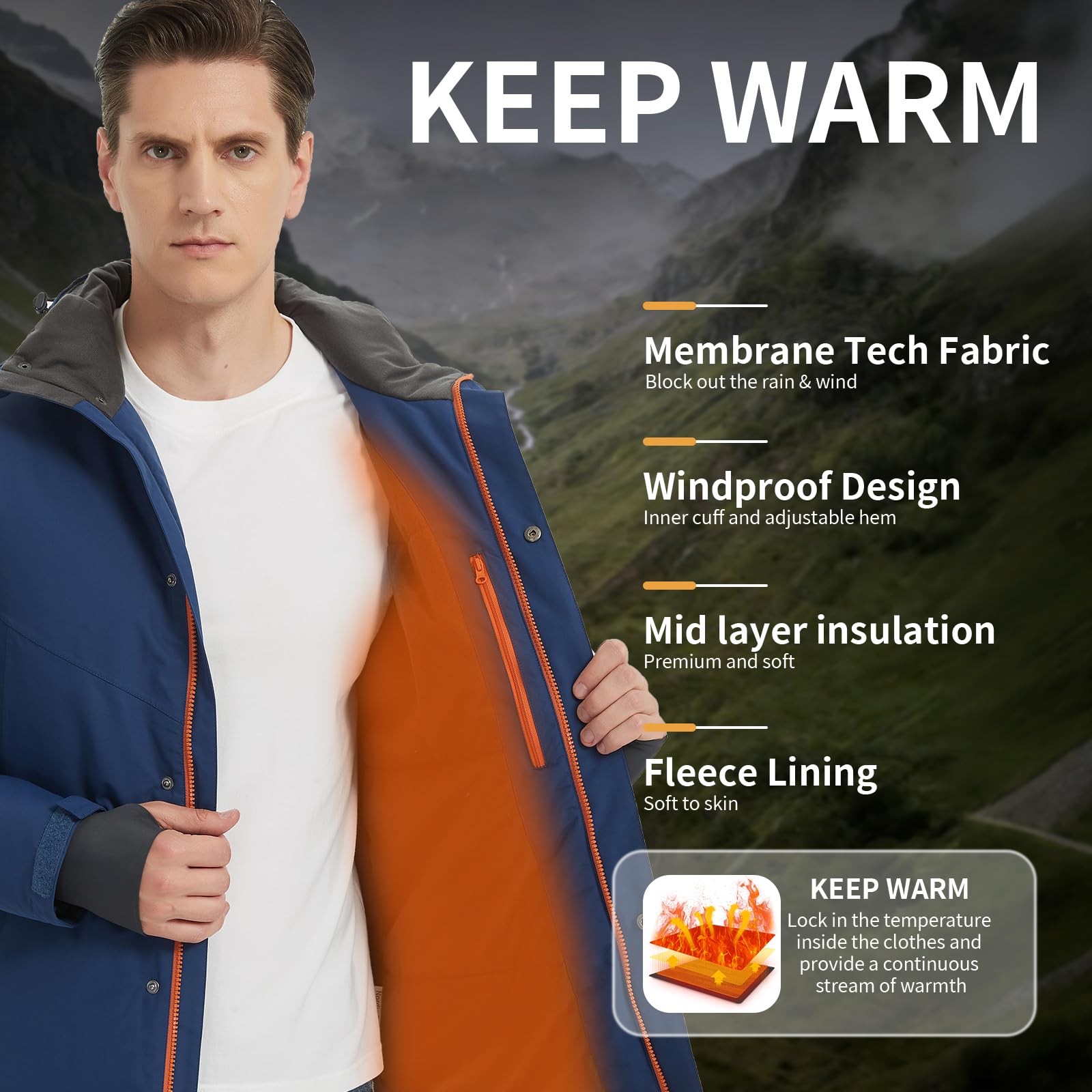 NORDIC OUTLAND Giacca da sci invernale da uomo,Cappotto da neve isolato Waterpoof,Giacca a vento con cappuccio calda antivento