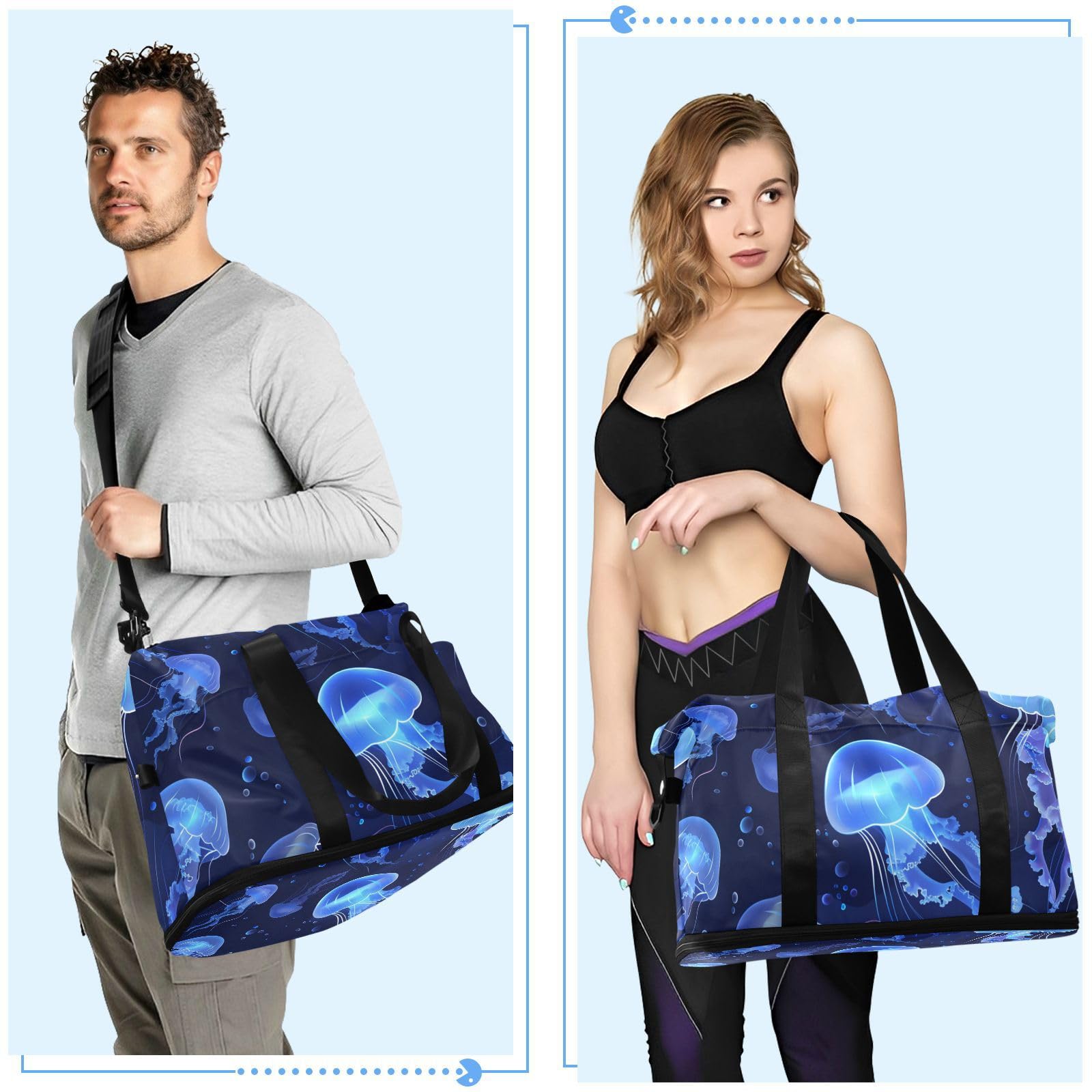 Borsone da viaggio con meduse blu galleggianti in mare, borsa da viaggio con tracolla regolabile, multifunzionale, Medusa blu galleggiante in mare, 1 size