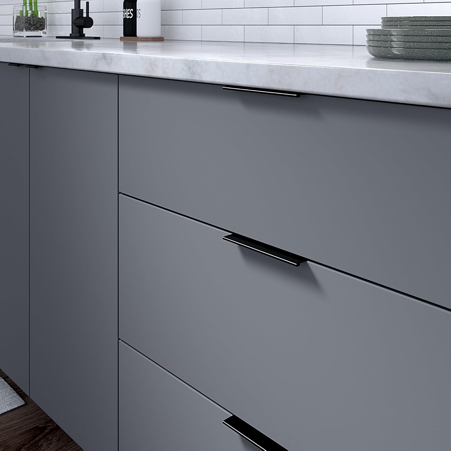 Richelieu Hardware BP9898128990 Lincoln Collection 5 1/16-inch (128 mm) Center-to-Center Brushed Black Modern Cabinet and Drawer Edge Pull Handle for Kitchen, Bathroom, and Furniture