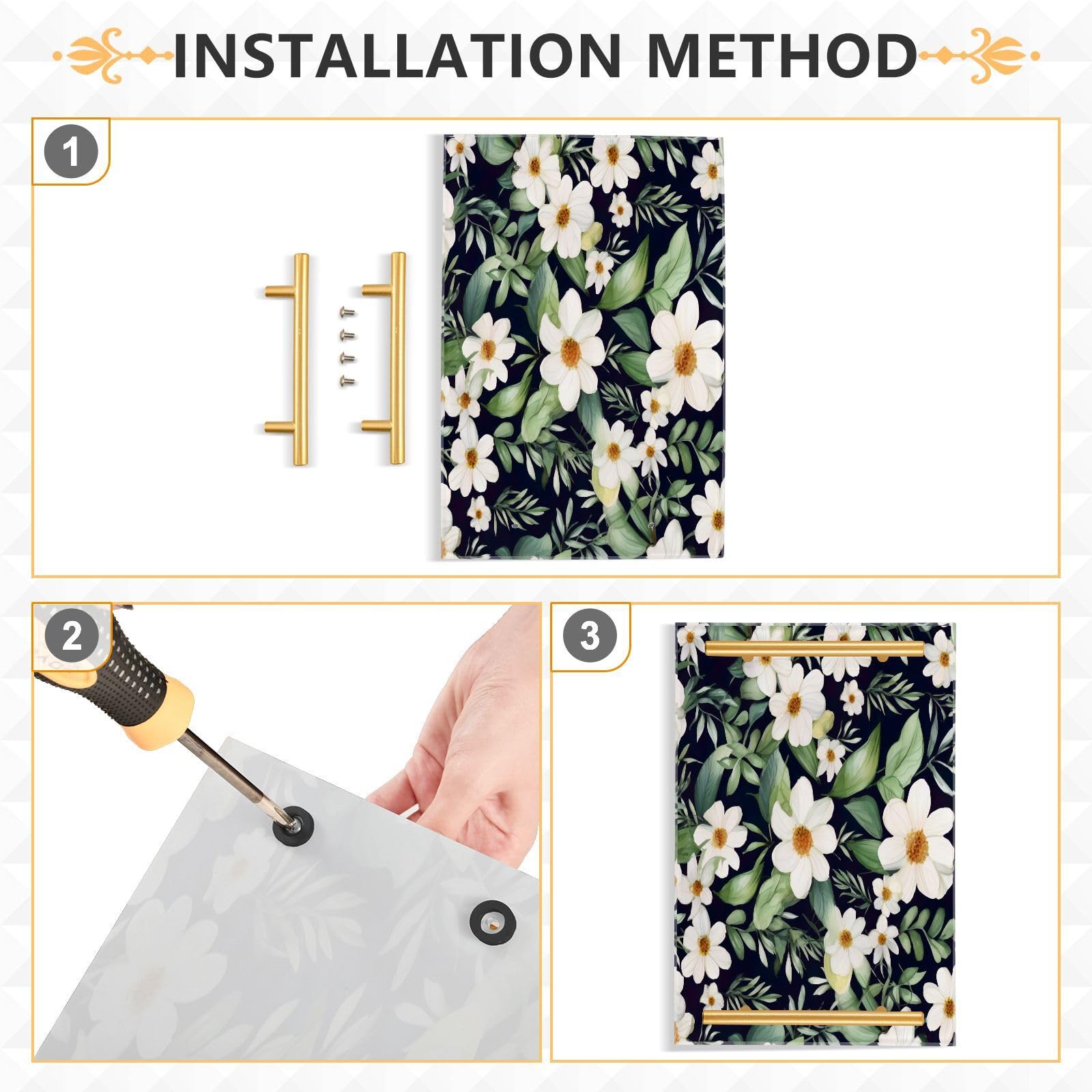 Wassud Bathroom Vanity Tray with Handles White Flowers and Green Leaves Acrylic Jewelry Perfume Organizer for Bathroom Kitchen Counter 11.81