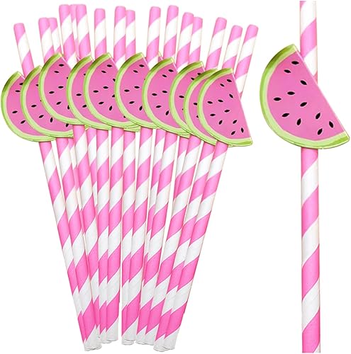 Pajitas de papel de sandía, uno en un melón, sandía, recuerdos de fiesta, pajitas de papel desechables para frutas, pajitas de papel para decoración