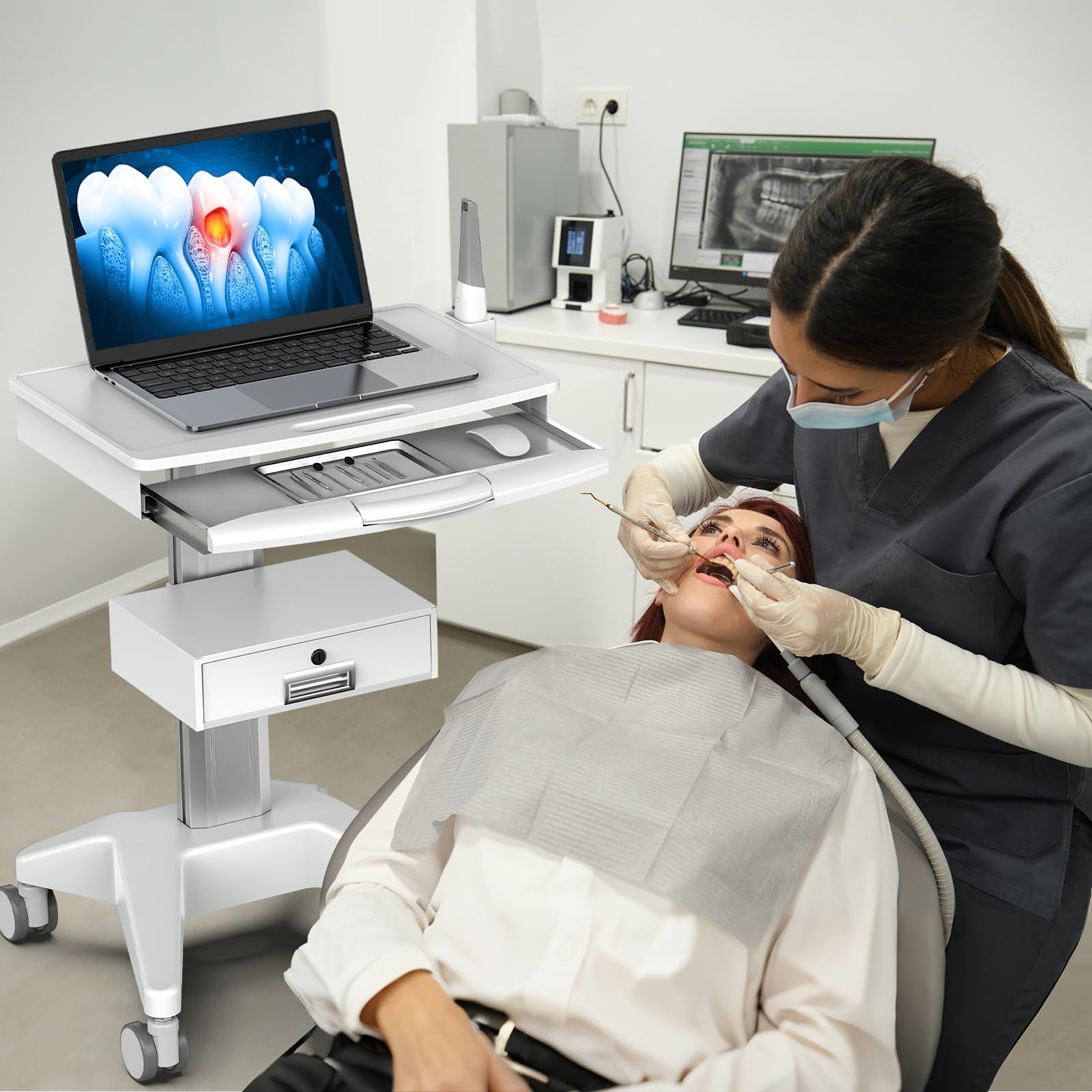 BEWISER Chariot médical mobile pour ordinateur portable avec tiroir Base robuste Chariot d'ordinateur pour clinique dentaire, soins infirmiers, station de travail PC