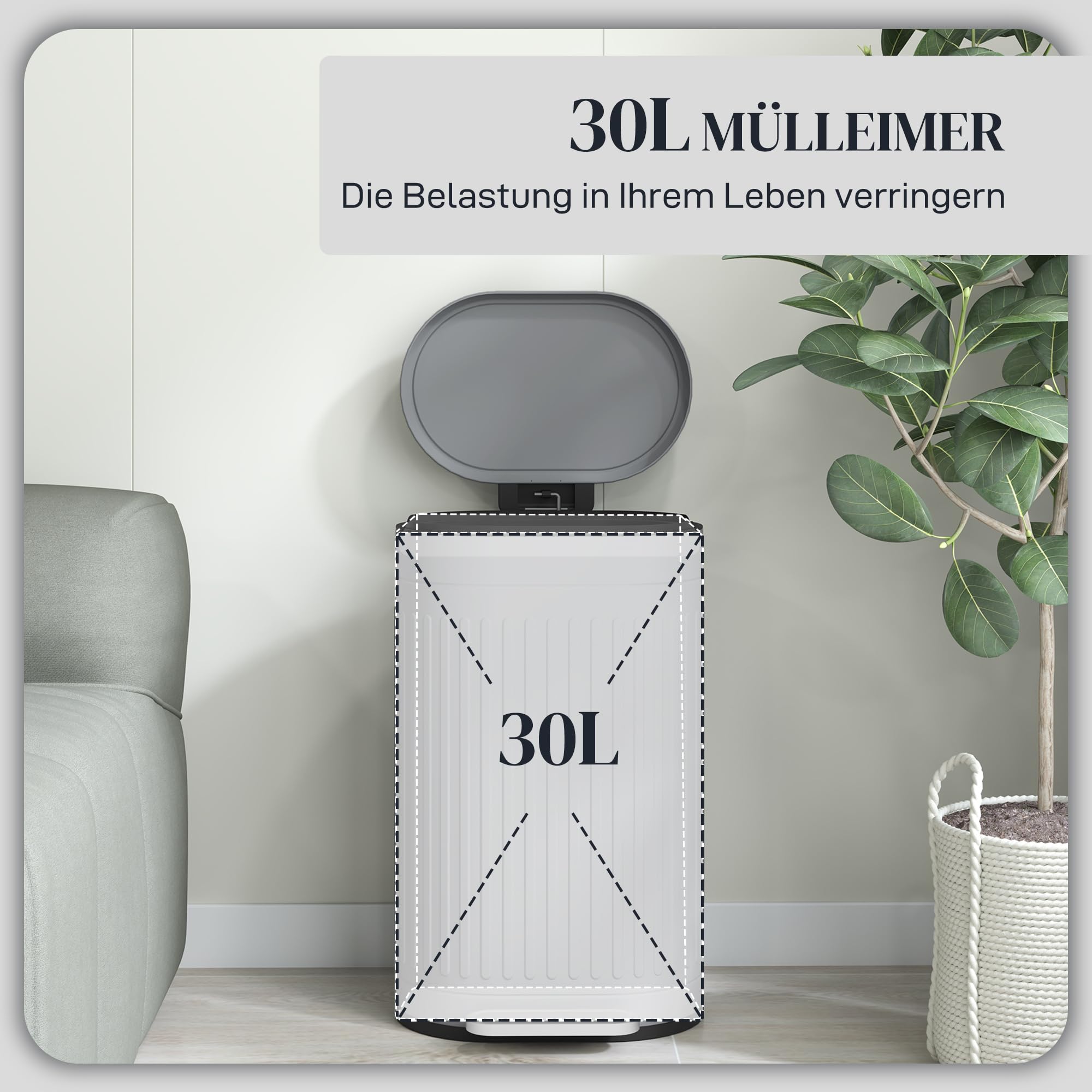 HOMCOM Cestino pedale 30L, antimpronte, coperchio soft-close, grigio