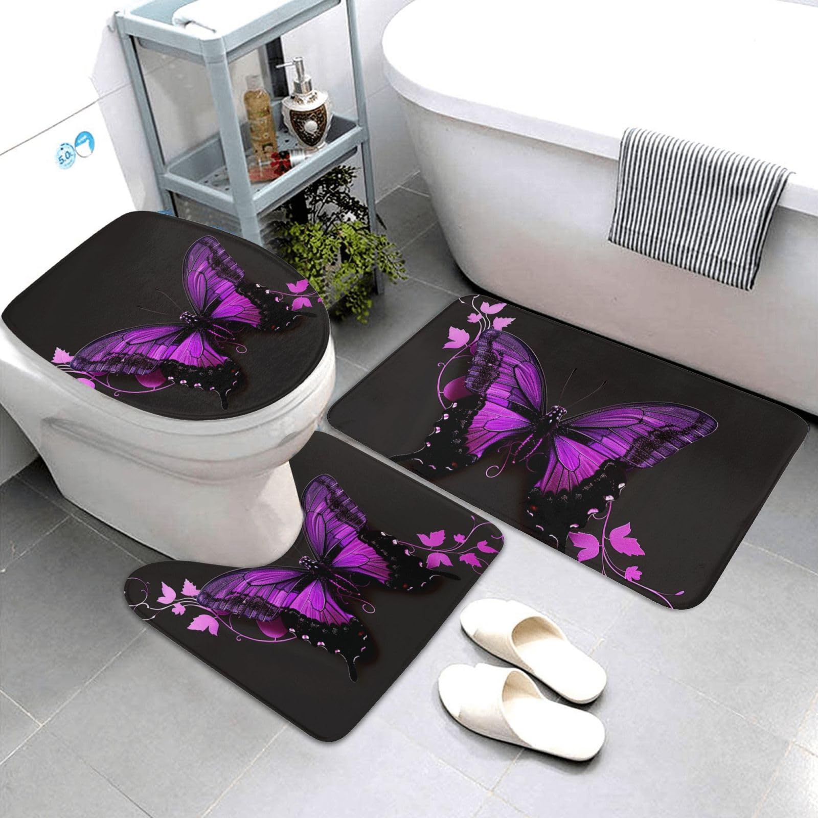 Lot de 3 tapis de bain antidérapants et absorbants en flanelle avec motif papillon violet et noir
