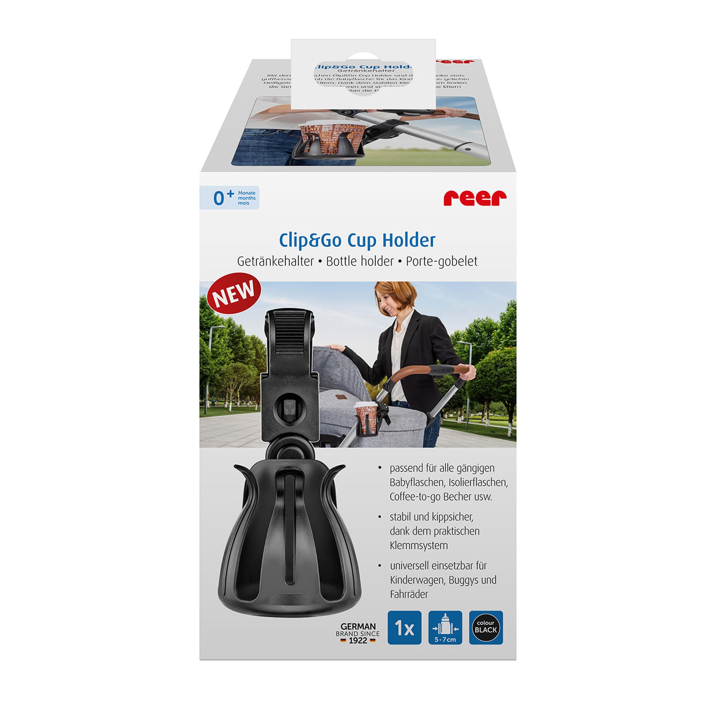 reer 84021 Clip&Go Cup Holder, uchwyt na napoje do wózka dziecięcego, czarny