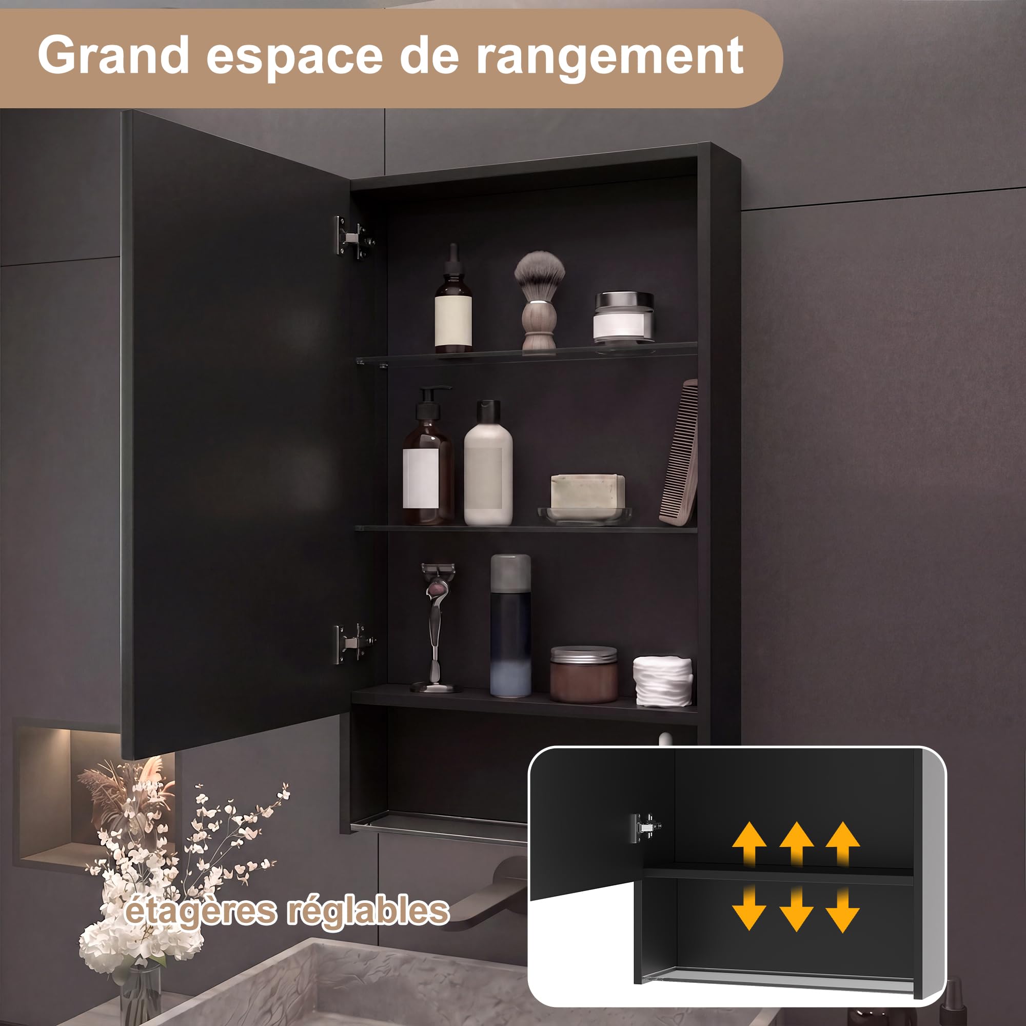 Armario de baño con espejo e iluminación LED, mueble de pared de almacenamiento para cuarto de baño, con puerta, estante ajustable, negro, 50 x 88 x 15 cm