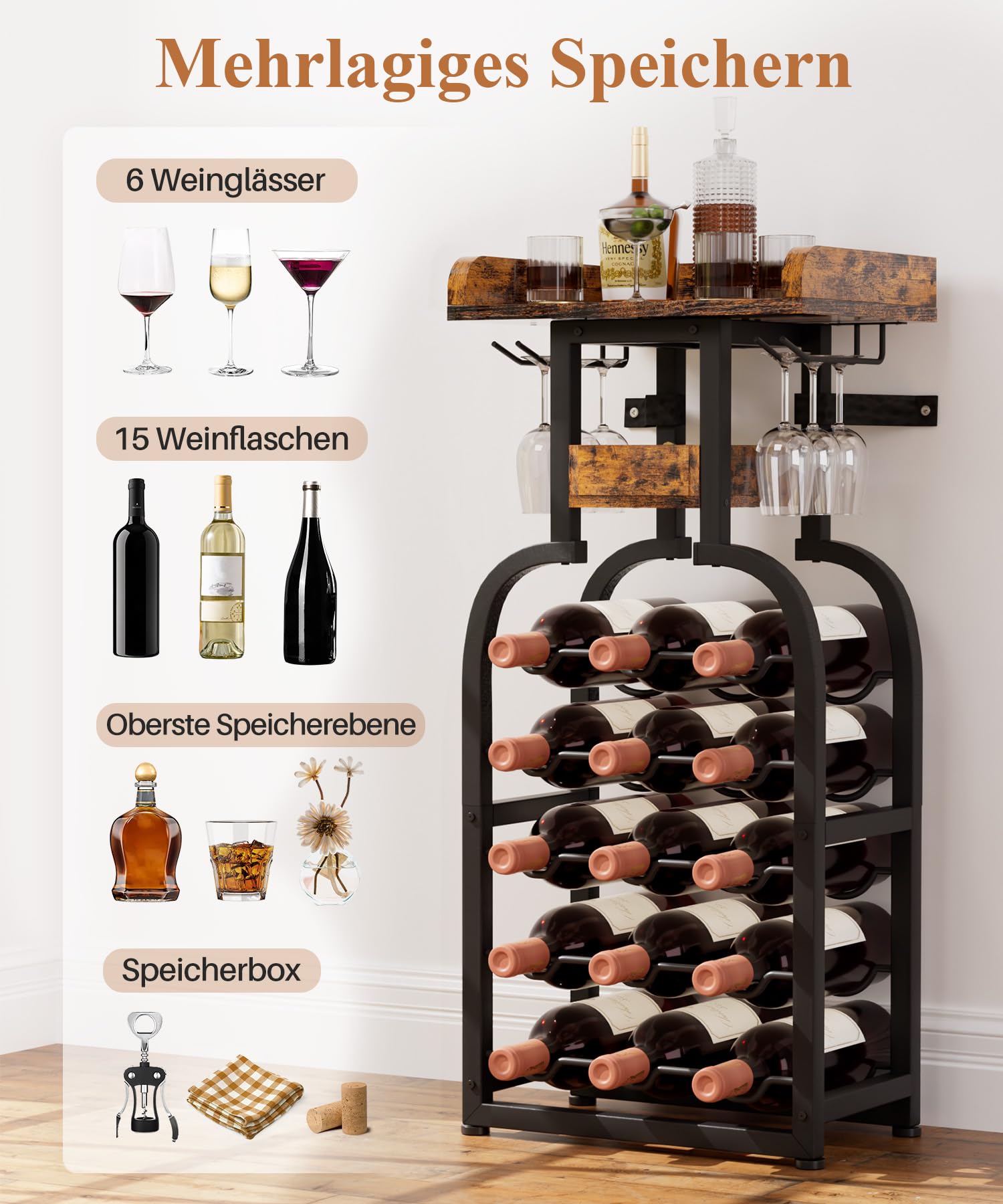 Yorbay Weinregal freistehend 15 Flaschen, Flaschenregal mit Glashaltern, Dekorativer Flaschenhalter-Ständer für Küche, Bar, Esszimmer, Boden