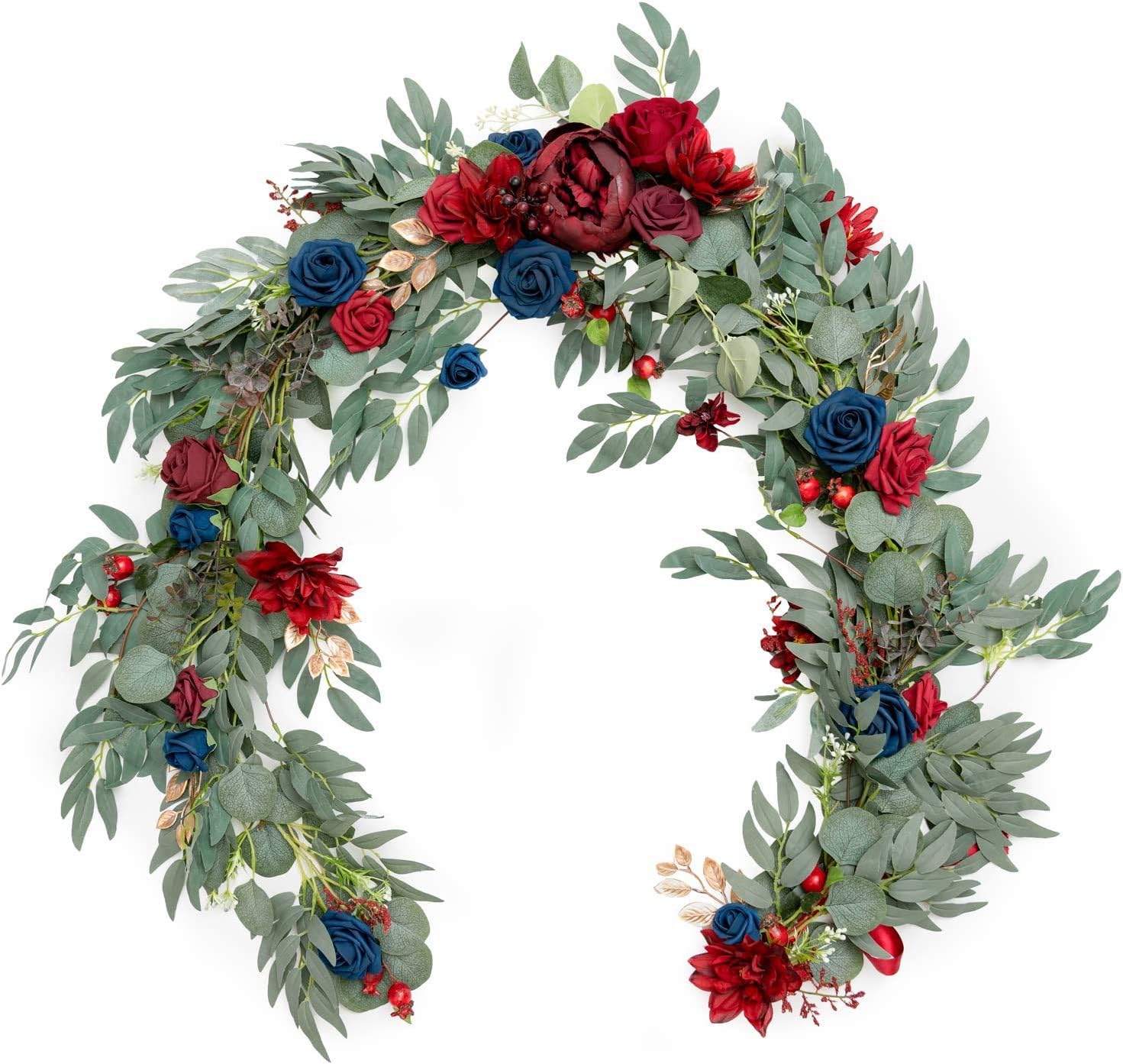 Künstliche Eukalyptus-Girlande mit Blumen, 1,8 m, künstliche Blumenranke, Rot