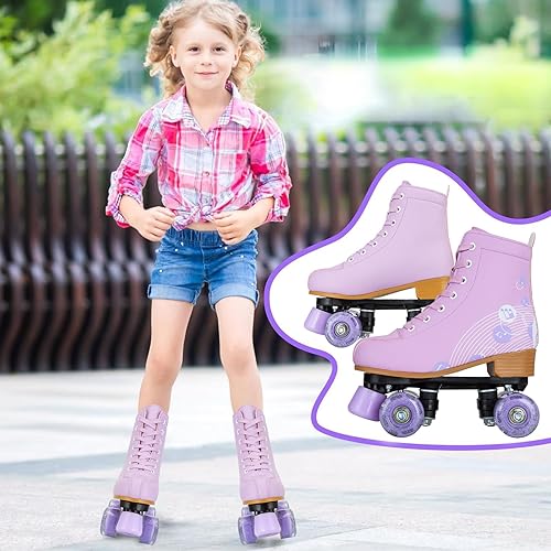 Miniatura 7 de jessie Roller Skates for Girl and Women, PU Leather Light up Kids Roller Skates, Cute Adjustable Four-Wheel Beginner Youth Roller Skates Girls Ages