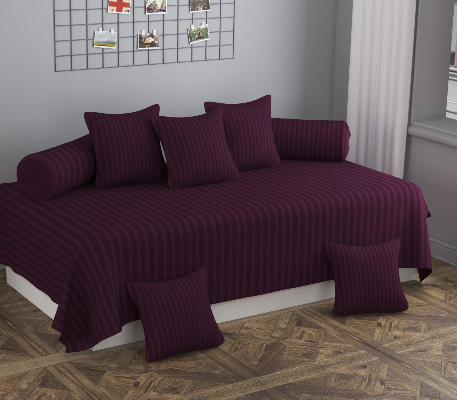 APALA Beautiful 240 TC 100% Microfiber Elegant Striped Pattern Diwan Set with 8 Pieces, One Single Bed Sheet with 5 Cushions Covers and 2 Bolster Covers (Maroon)-image-22
