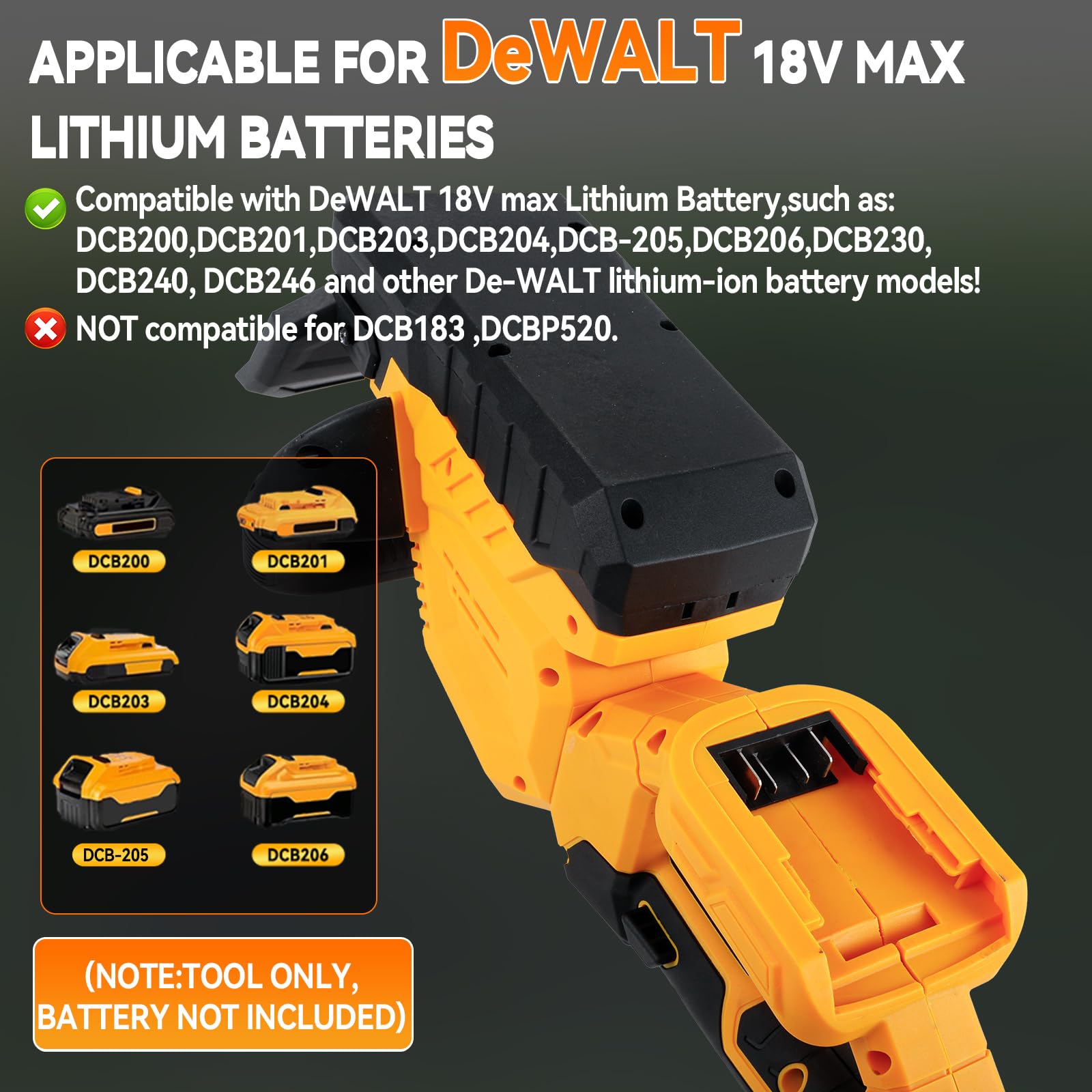 Cortasetos de 52 cm de Largo, Compatible con baterías Dewalt de 18 V, Motor sin escobillas, Cortasetos eléctrico, Distancia Entre Dientes de 15 mm, Cabezal Giratorio de 180° (sin batería) (Amarillo)