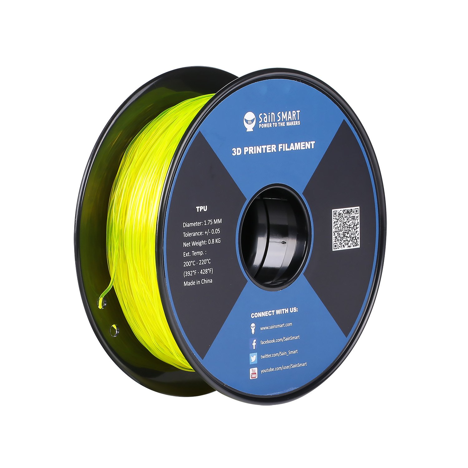 SainSmart - 101-90-160 Yellow Flexible TPU 3D Printing Filament, 1.75 mm, 0.8 kg, Dimensional Accuracy +/- 0.05 mm