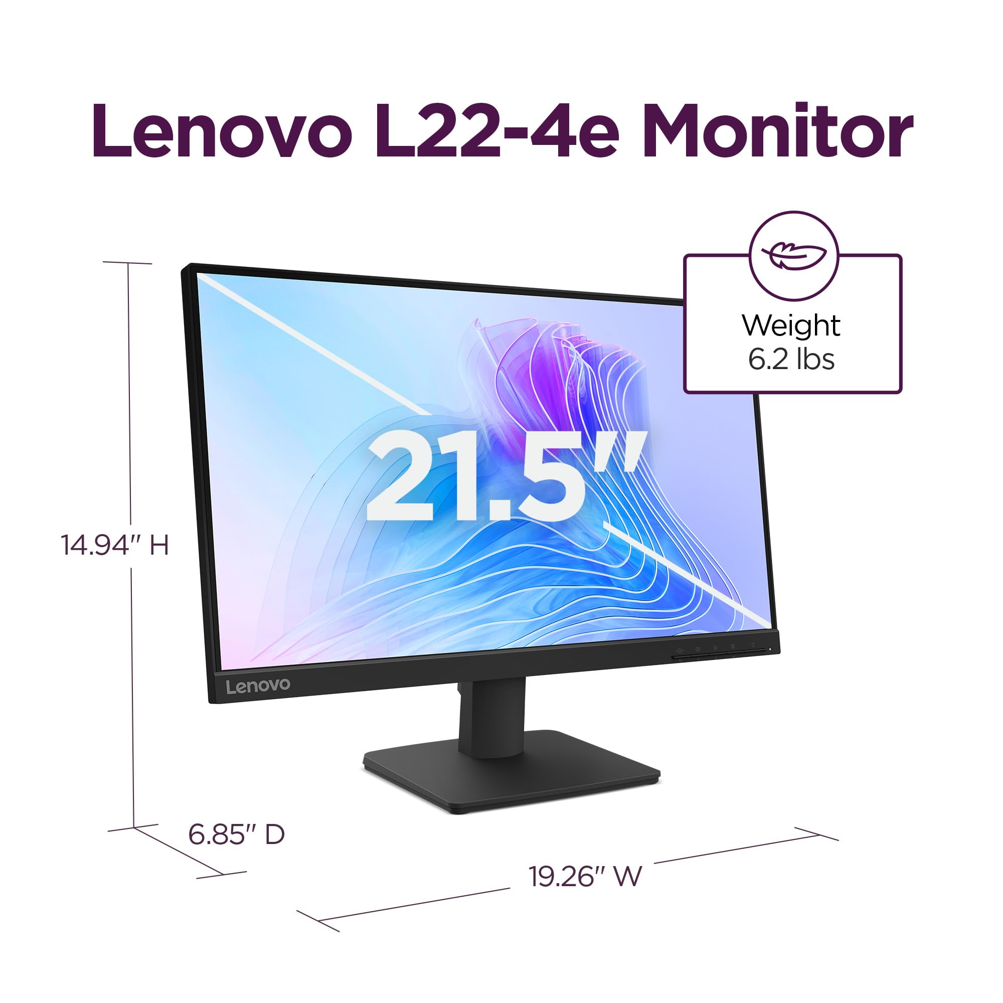 Lenovo Monitor da ufficio L22-4e - Display IPS FHD da 21,5" - Frequenza di aggiornamento 100Hz - MPRT 4 ms - 99% sRGB - Nero corvo - Supporto inclinabile