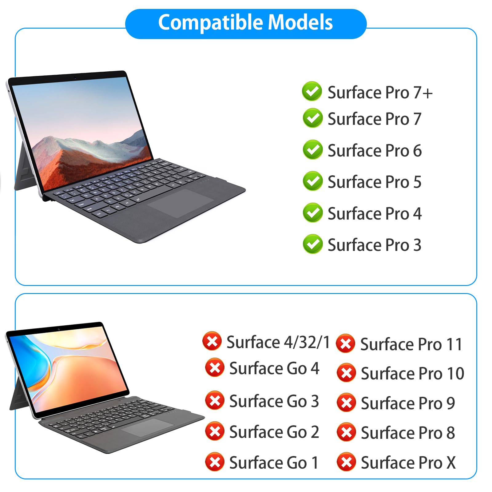 Foeytaody for Surface Pro 7 Pro 6 Pro 5 Pro 4 Pro 3, Bluetooth Wireless Keyboard with Palm Rejection Touchpad, Rechargeable Battery, 7-Color Backlit, Pen Holder for Microsoft Surface Pro 12.3 inch