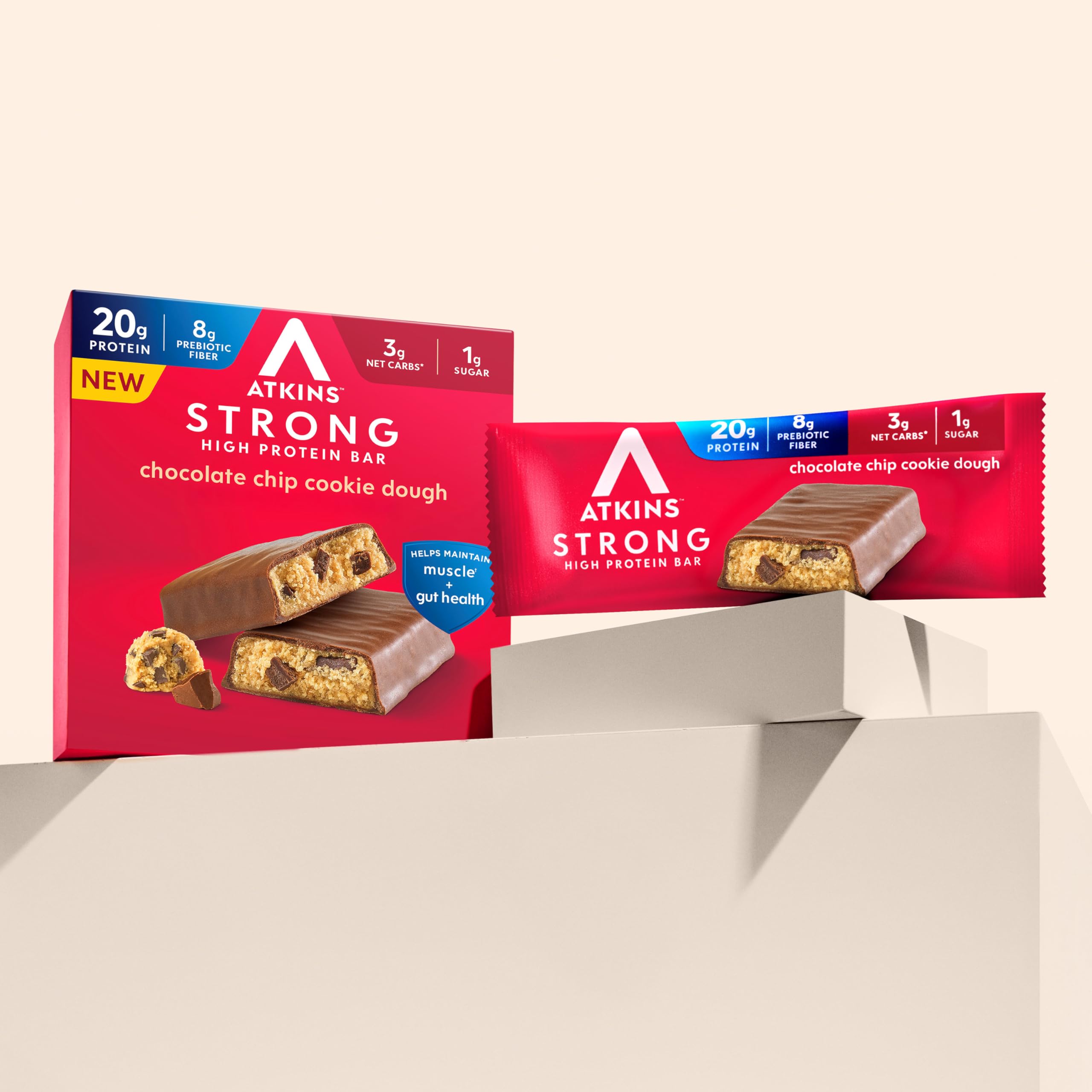 Atkins Strong Barras de proteínas, masa de galletas con chispas de chocolate, alta fibra, bajas en carbohidratos netos, 4 unidades (paquete de 6)